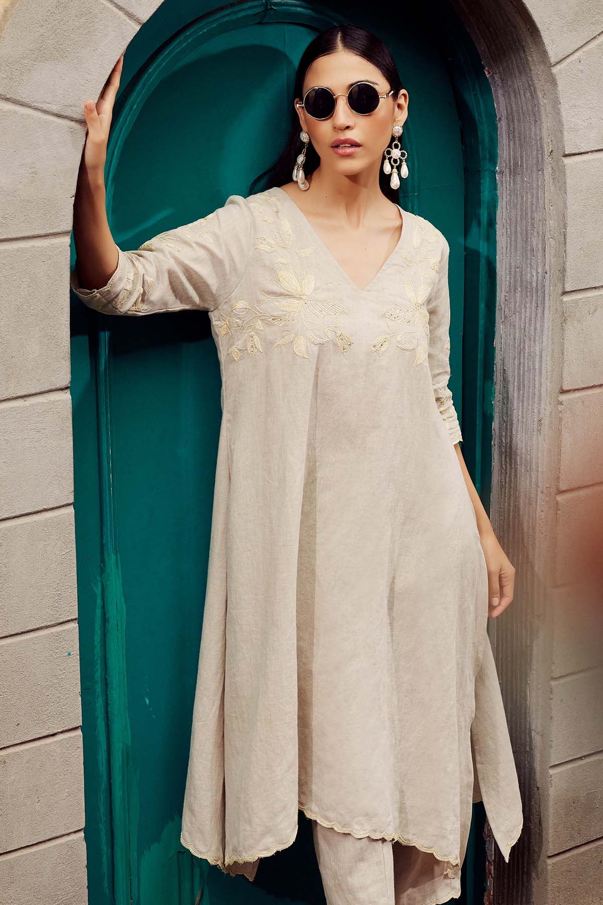 Beige Thread V-Neck Kurta Set