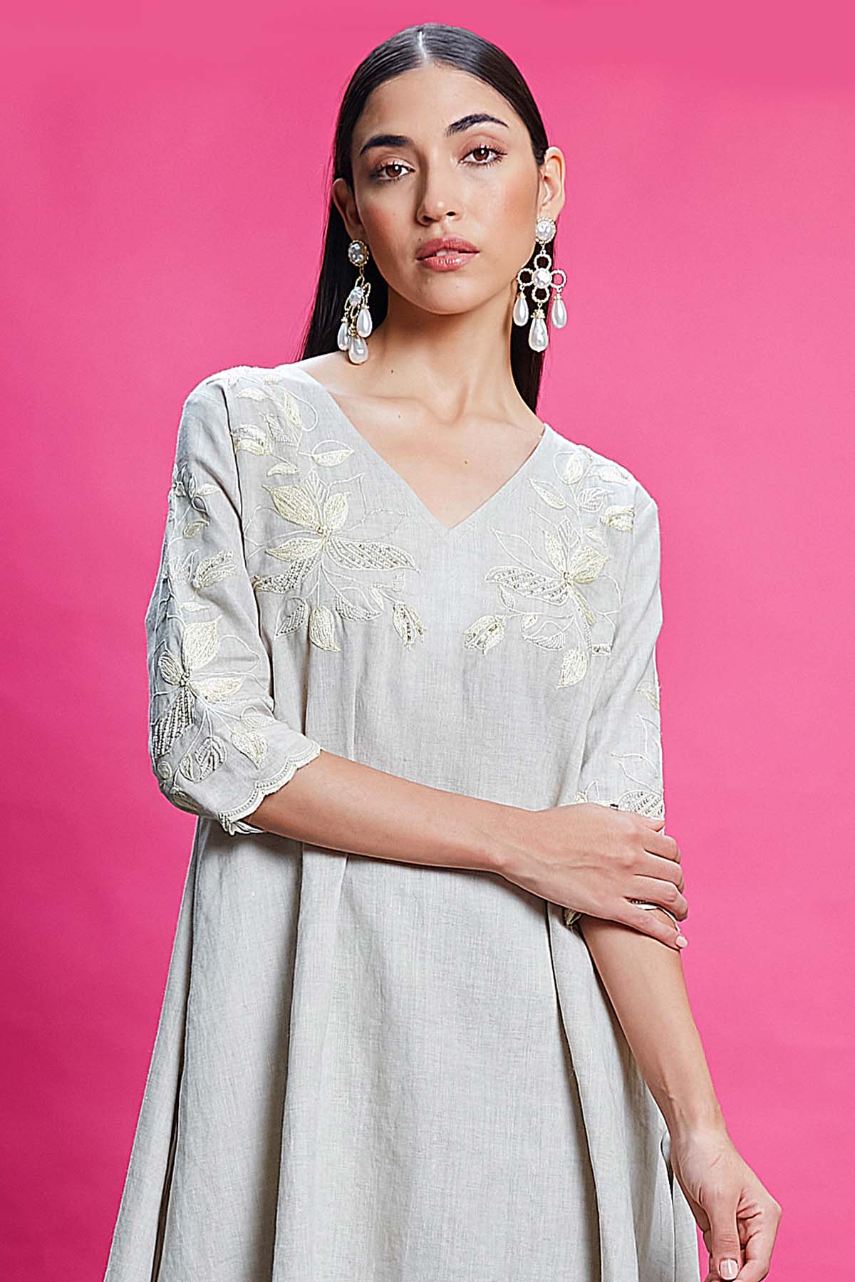 Beige Thread V-Neck Kurta Set