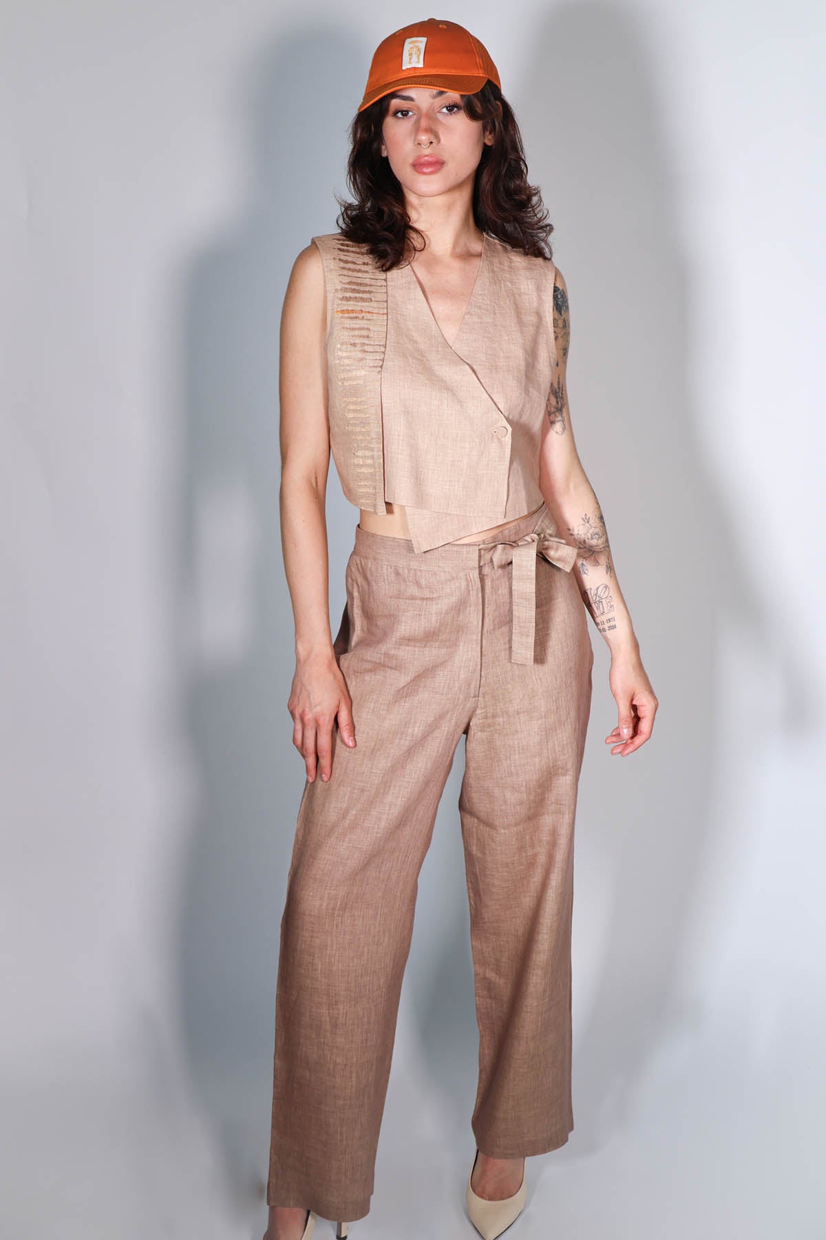 Buy Arya Giri Beige Tie-Up Straight Trousers