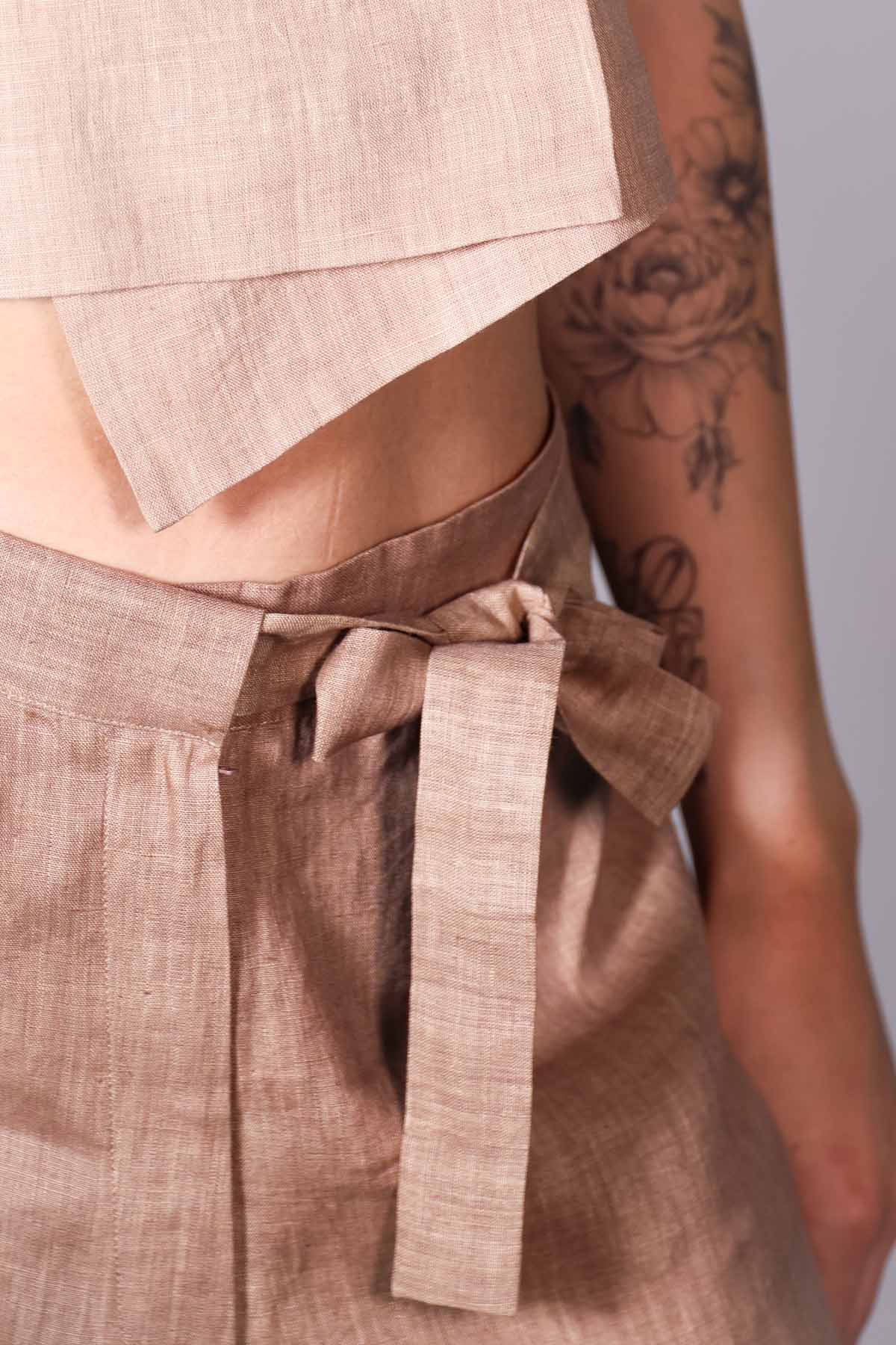 Beige Tie-Up Straight Trousers