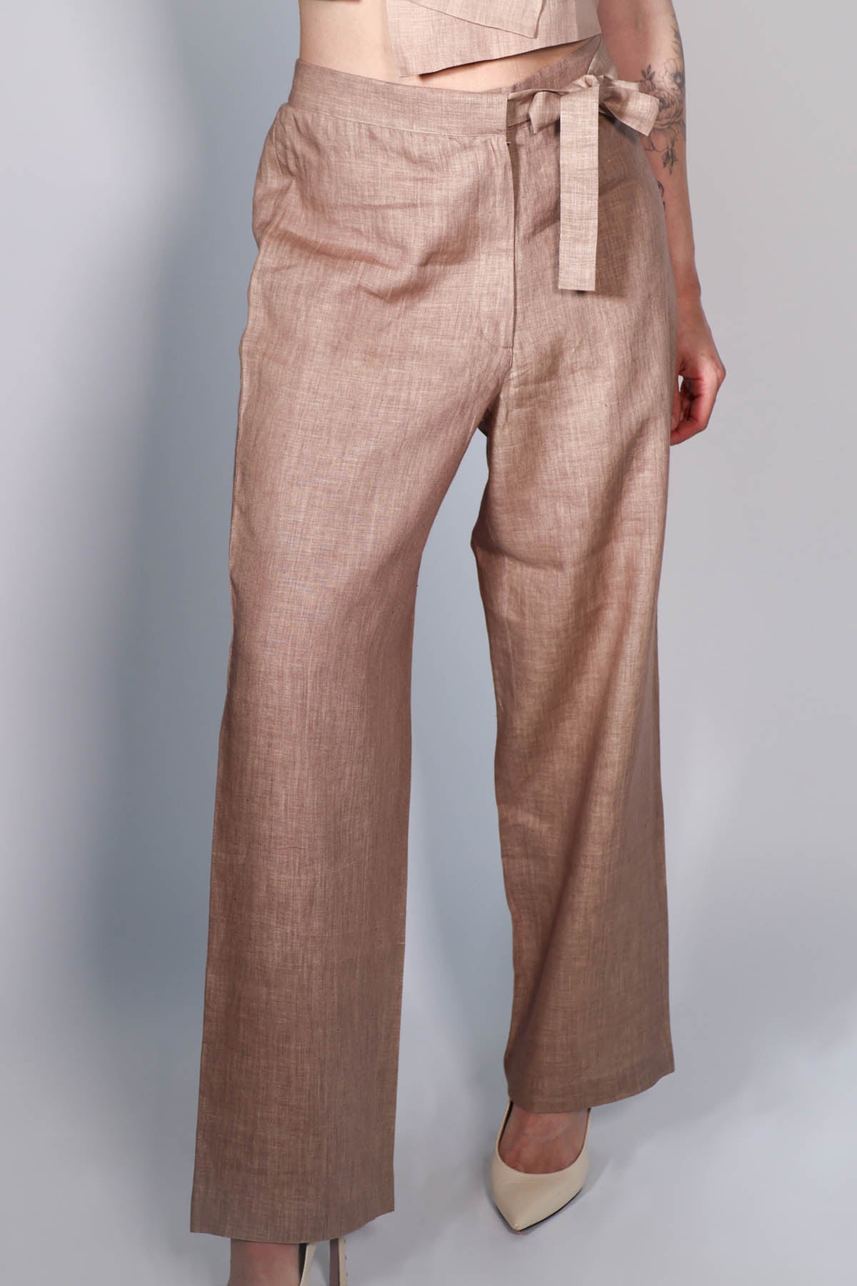 Arya Giri Beige Tie-Up Straight Trousers for women online at ScrollnShops