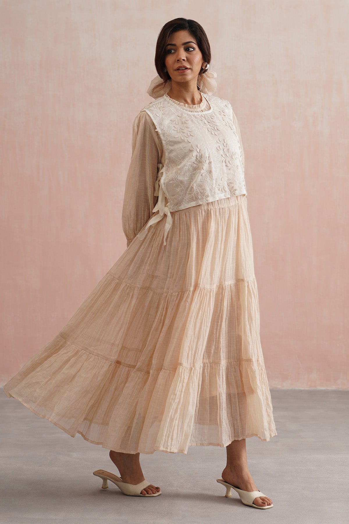 Buy Beige Tiered Maxi Dress & Gilet for women online available at Scrollnshops 