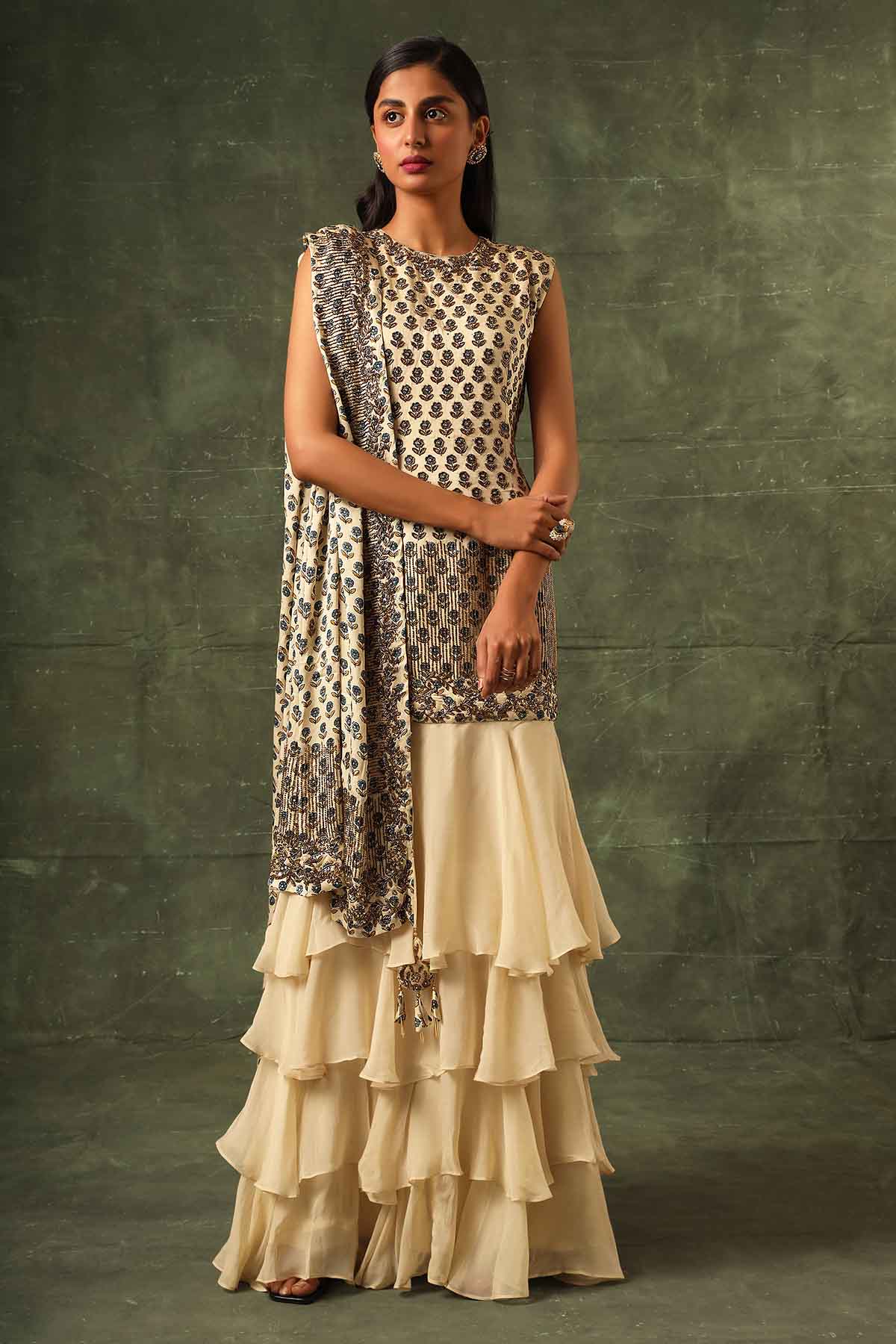 Sejal Kamdar Beige Tiered Ruffle Maxi Dress for women online at ScrollnShops