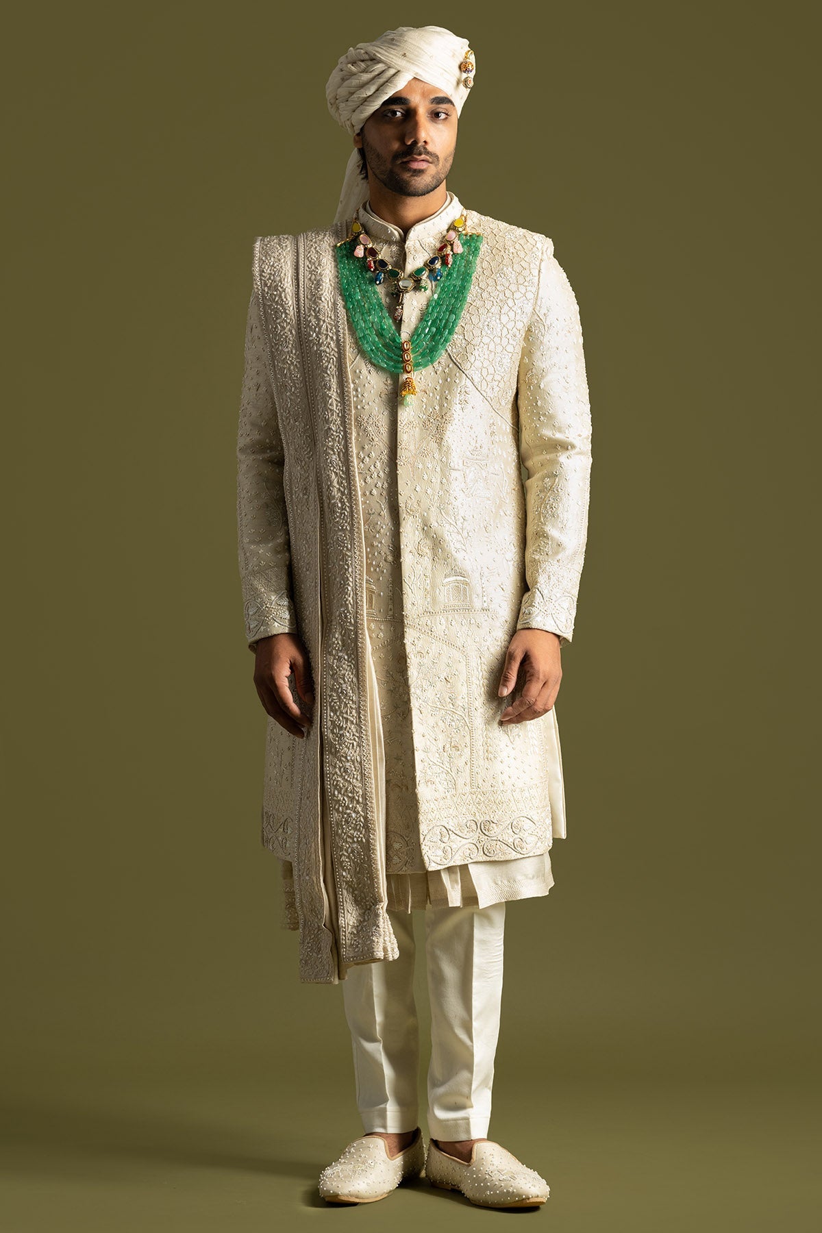 Buy Beige Tonal Thread Sherwani Set for men by Paarsh Atelier online available at scrollnshops