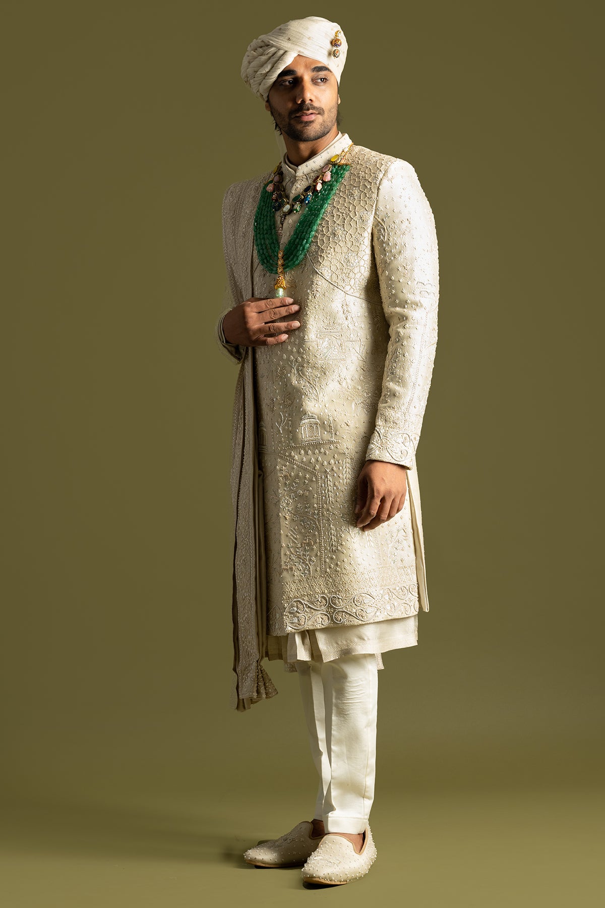 Beige Tonal Thread Sherwani Set