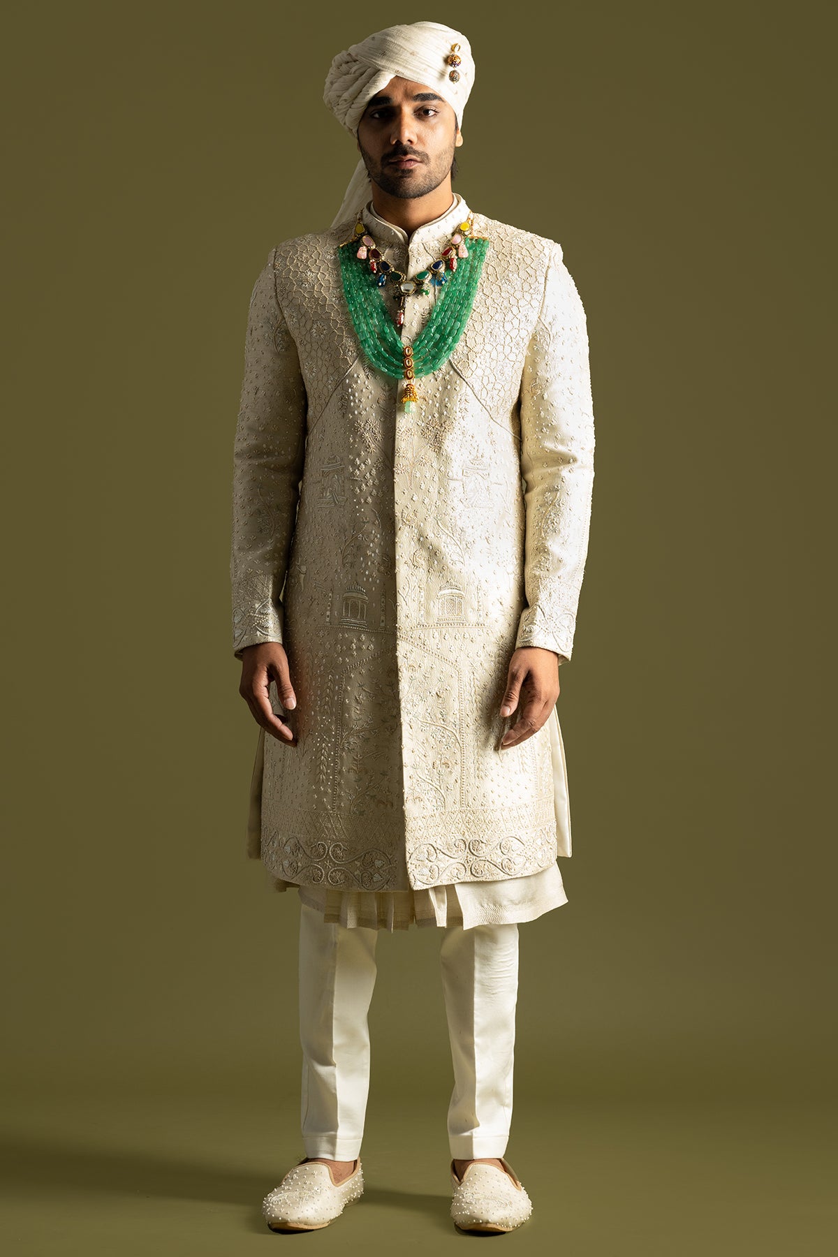 Beige Tonal Thread Sherwani Set