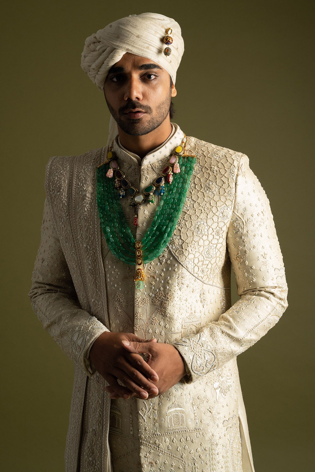 Beige Tonal Thread Sherwani Set