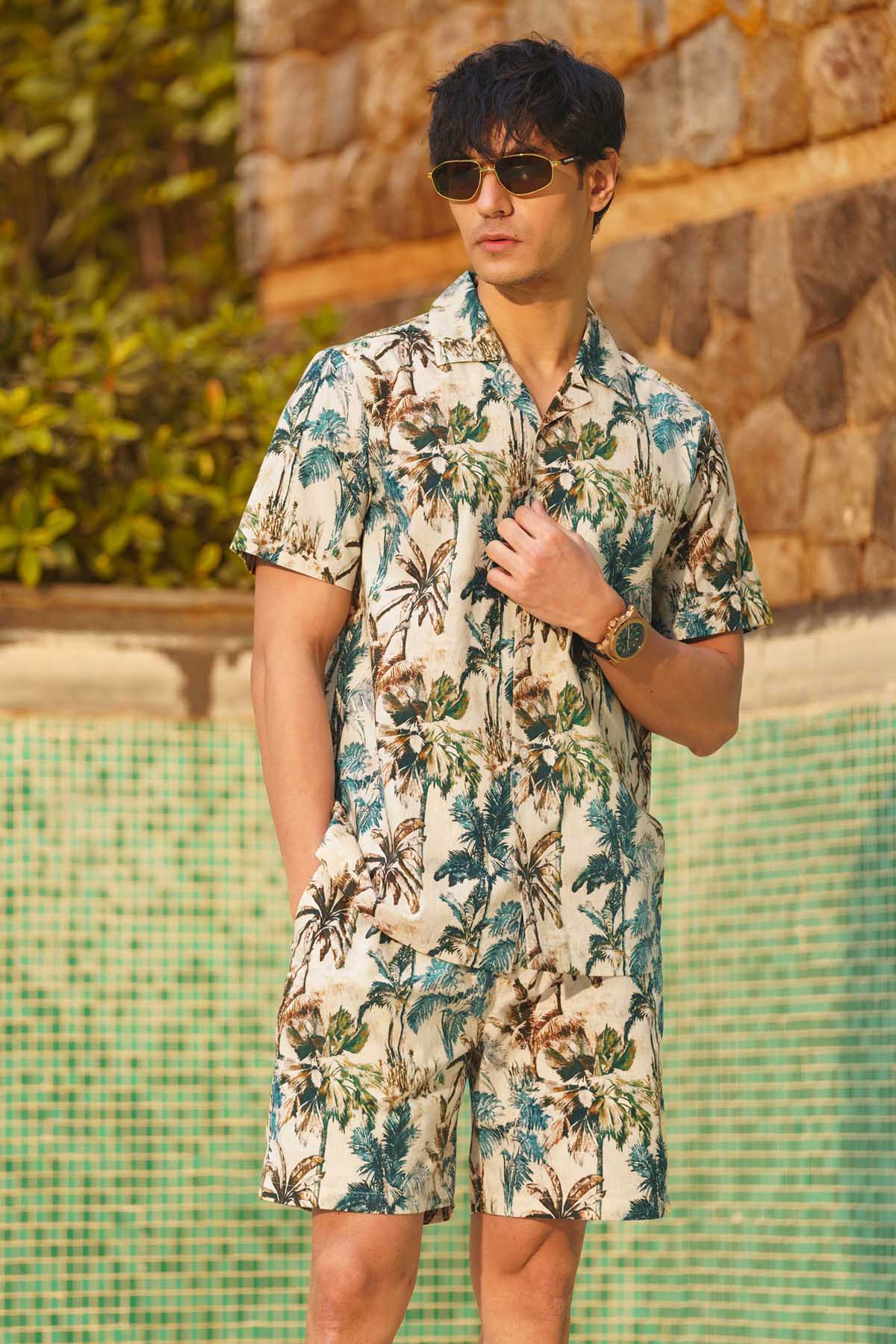 Beige Tropical Printed Shorts