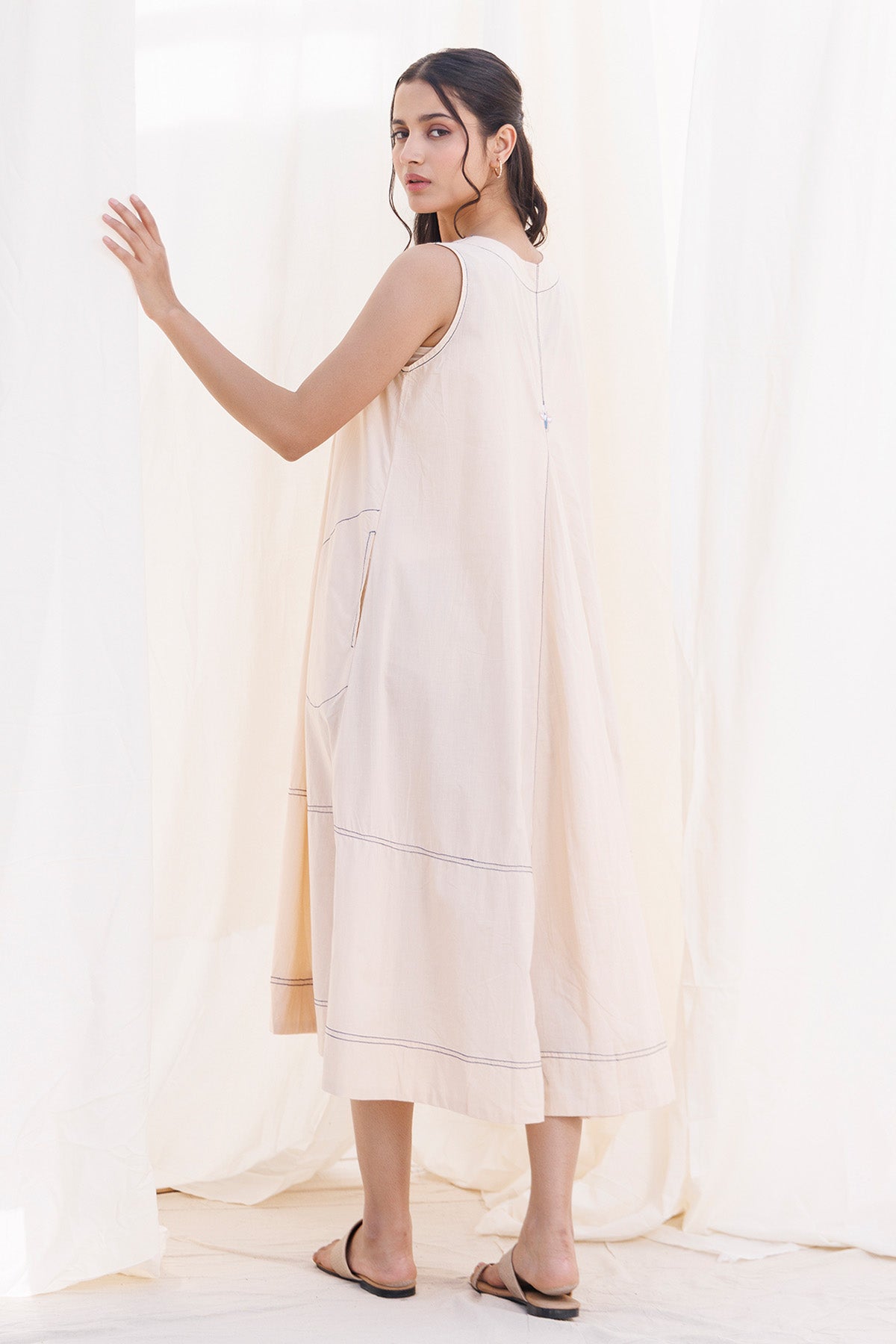 Beige V-Neck Pocket Midi Dress