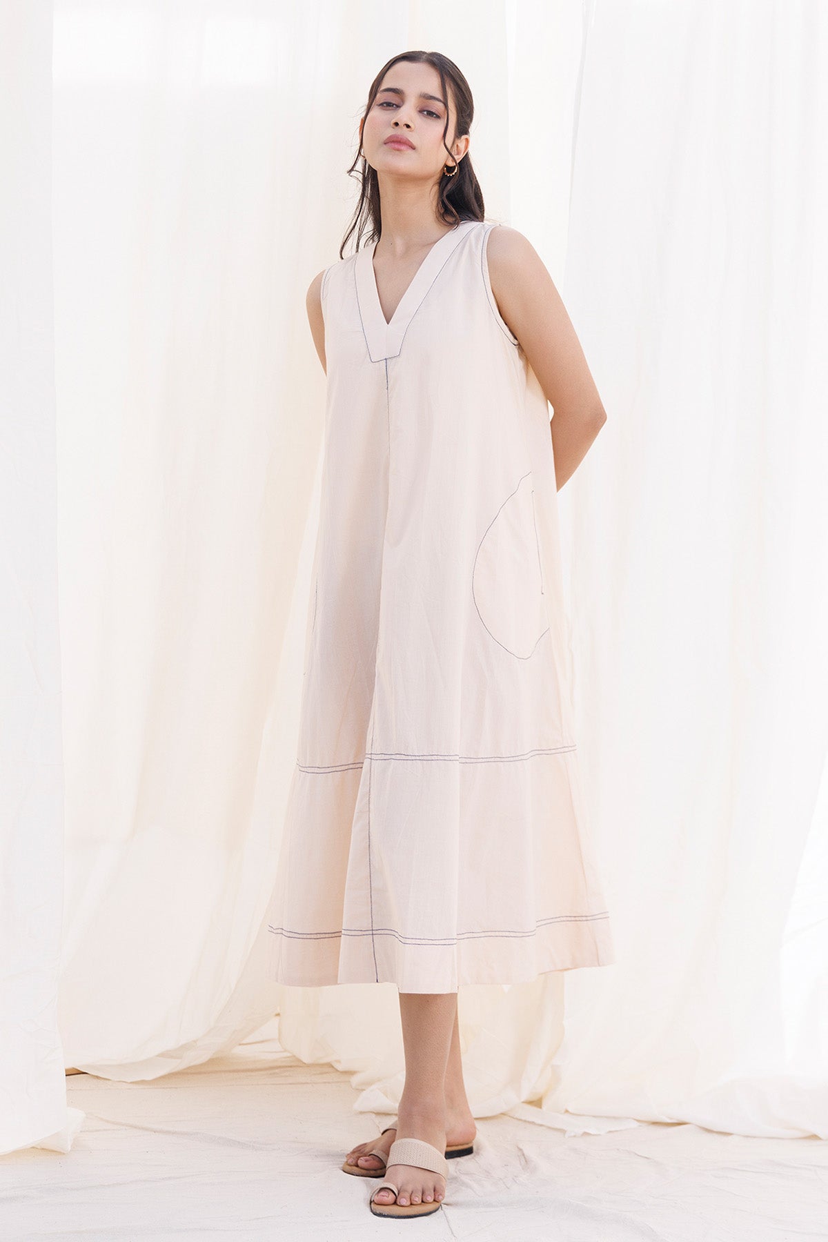 Beige V-Neck Pocket Midi Dress