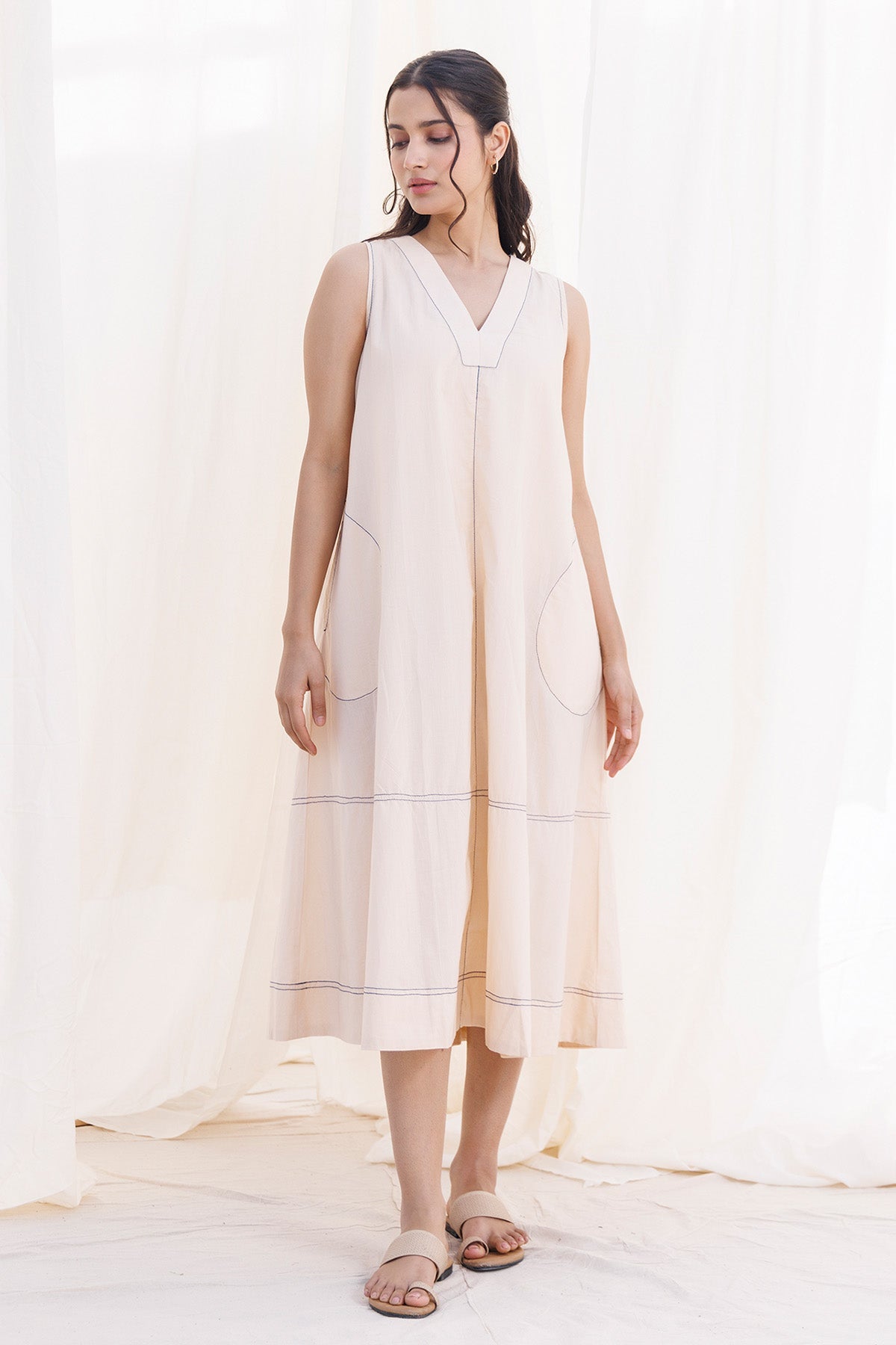 Buy Beige V-Neck Pocket Midi Dress by Label Surabhi Raj for women online at ScrollnShops