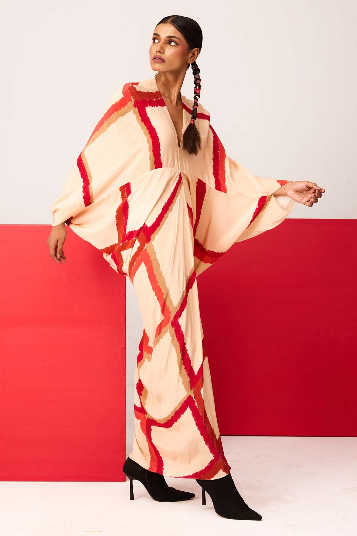 Beige V-Neck Shift Maxi Dress