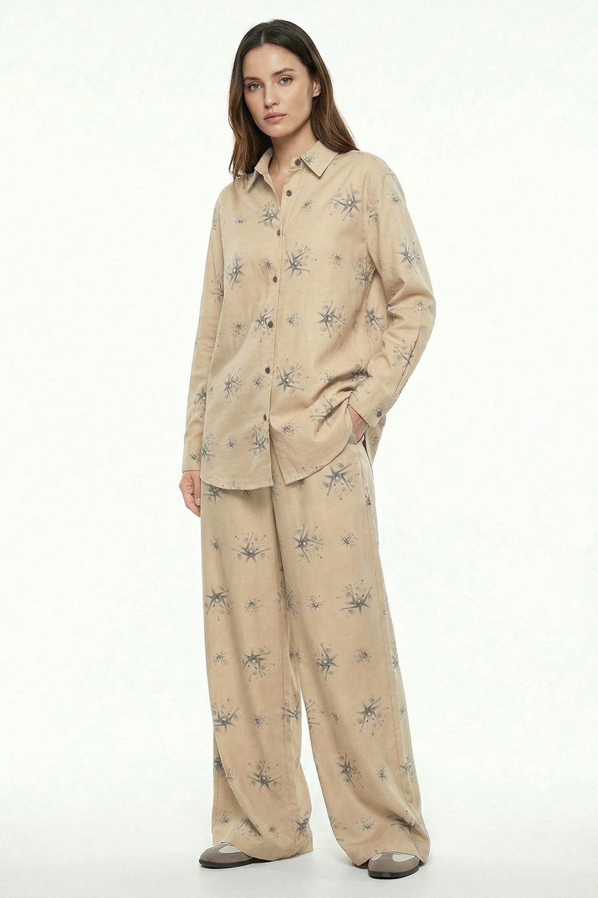 Beige Viscose Blend Wide Pant