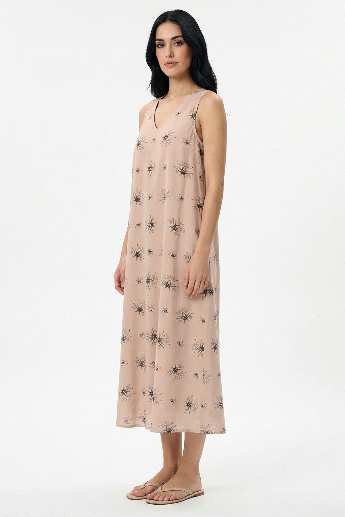 Beige Viscose Fluid Midi Dress