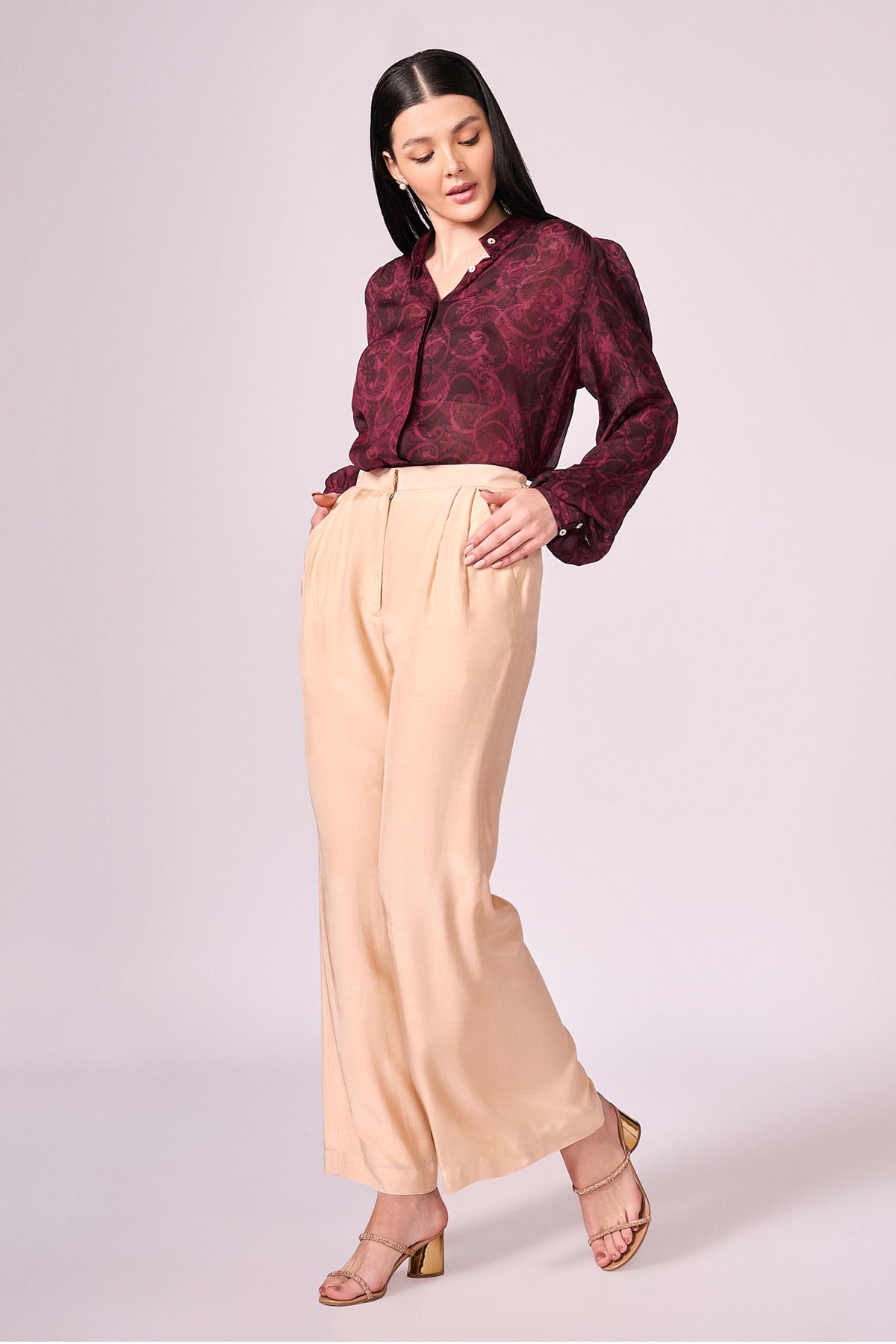 Beige Viscose Straight Pants