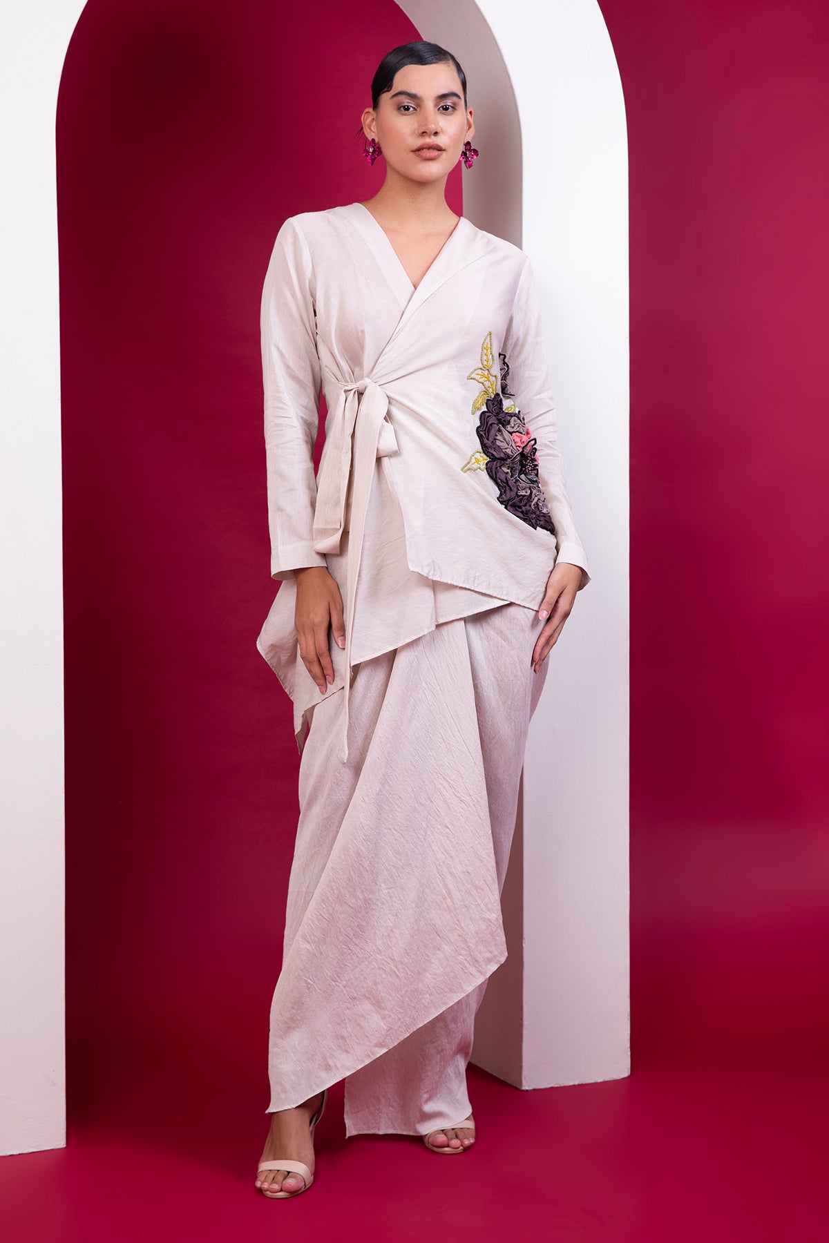 Buy Beige Wrap Top & Draped Skirt by Label Kaleido for Women online at ScrollnShops