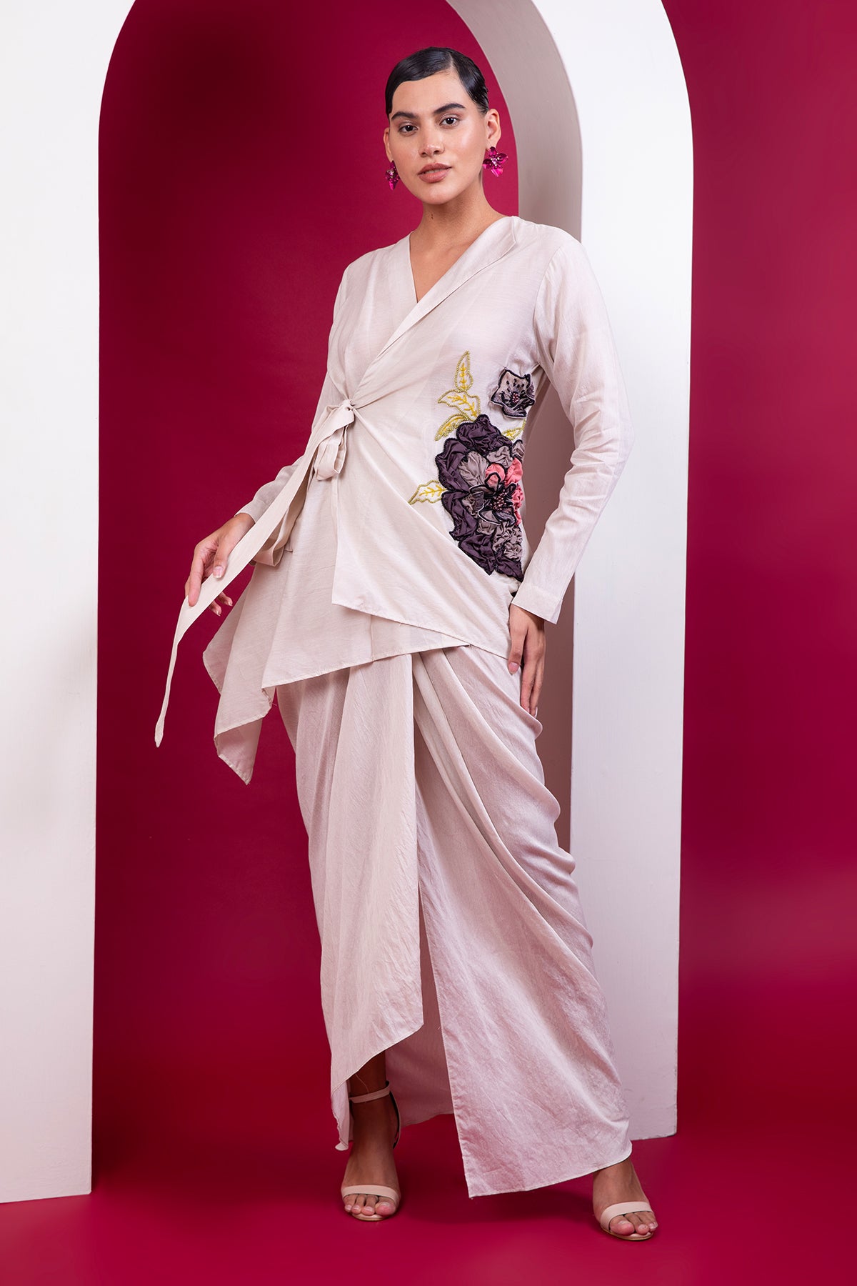 Beige Wrap Top & Draped Skirt