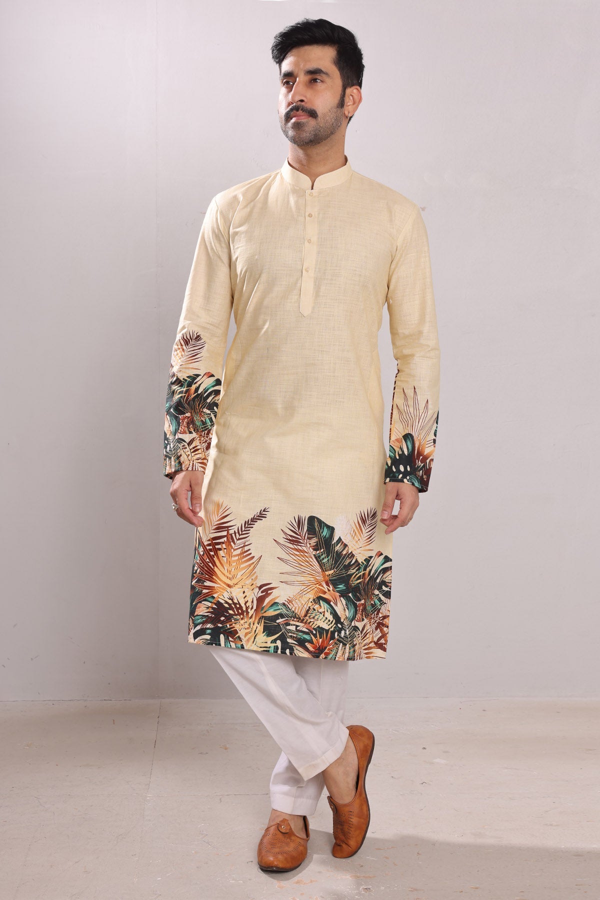 Buy Beige Yellow Print Cotton Kurta by SNEHA B - Men for men online at ScrollnShops