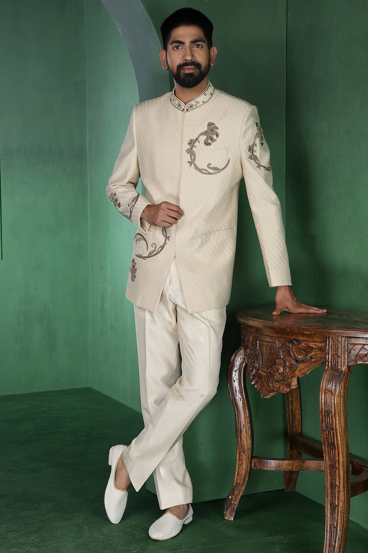 Buy Beige Zardosi Bandhgala & Pant for Men by Designer Harshita Dhanawat available online at ScrollnShops