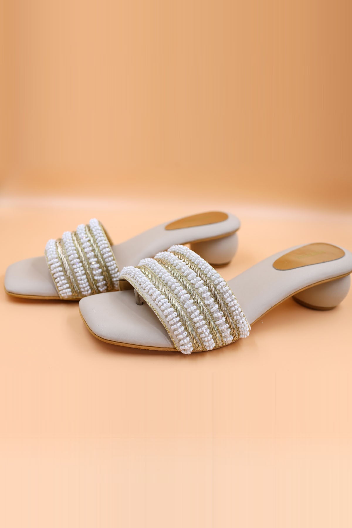 Foot Fuel Beige Zardosi Embroidered Heels for accessories online at ScrollnShops