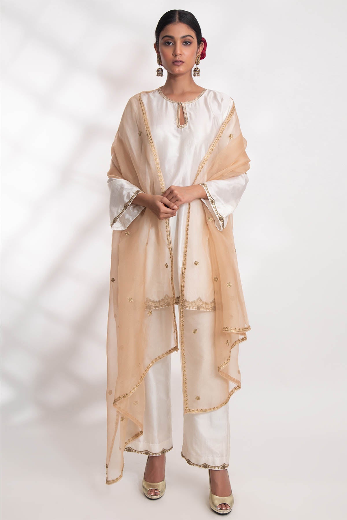 Chhaya Mehrotra Beige Zardozi Floral Dupatta for accessories online at ScrollnShops