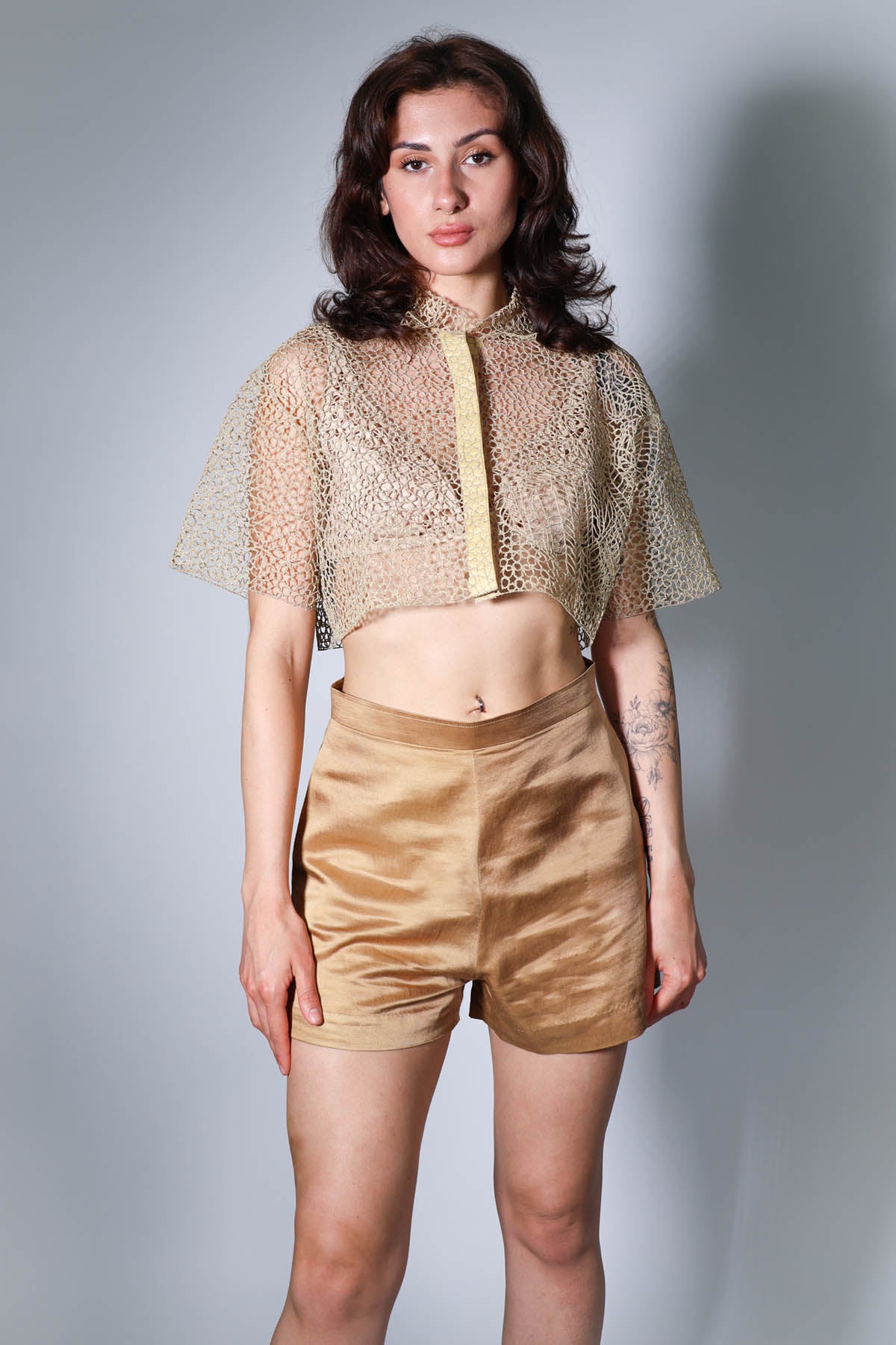 Beige Zari Crop Top & Shorts