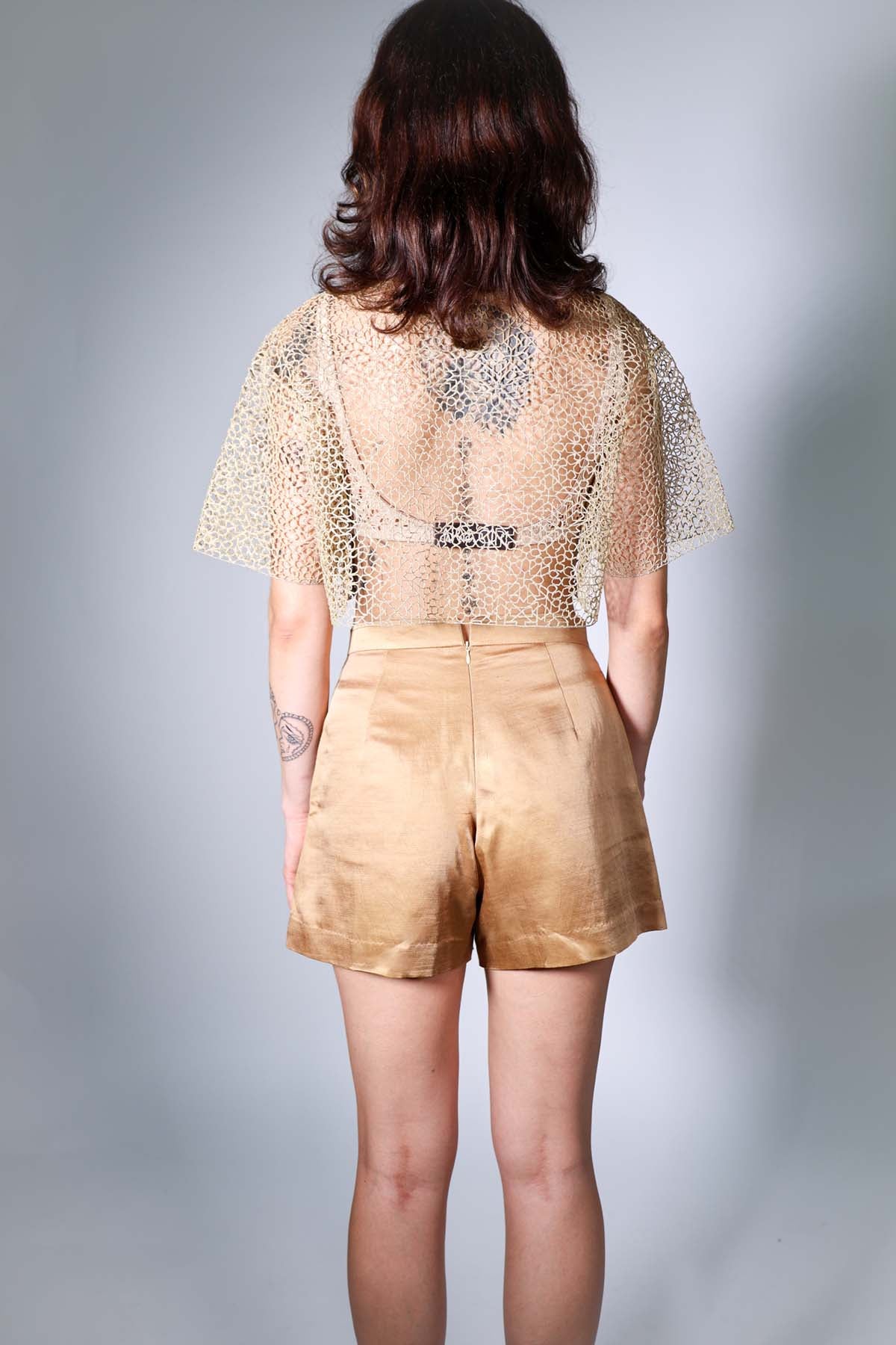 Beige Zari Crop Top & Shorts