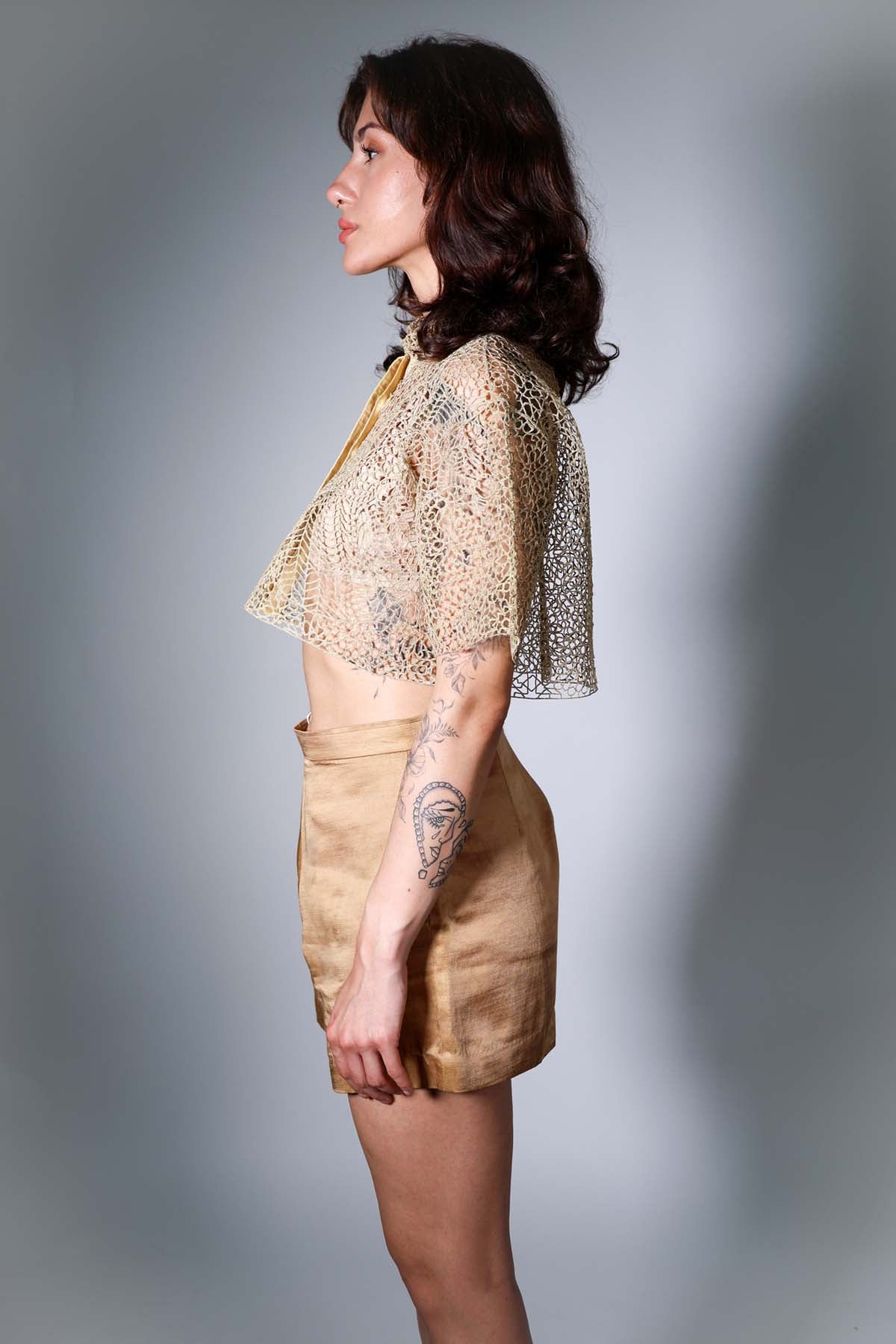 Beige Zari Crop Top & Shorts