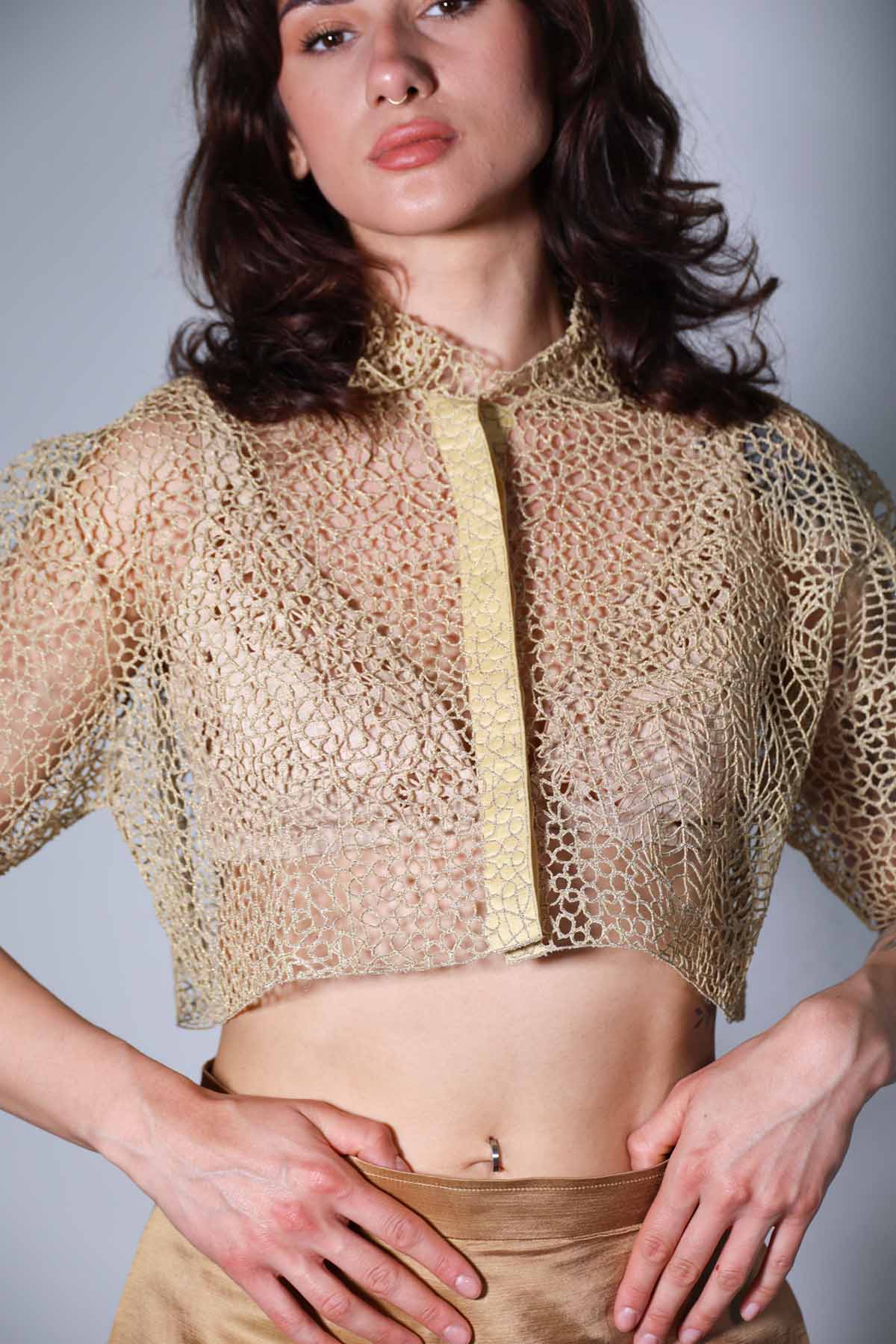 Beige Zari Crop Top & Shorts