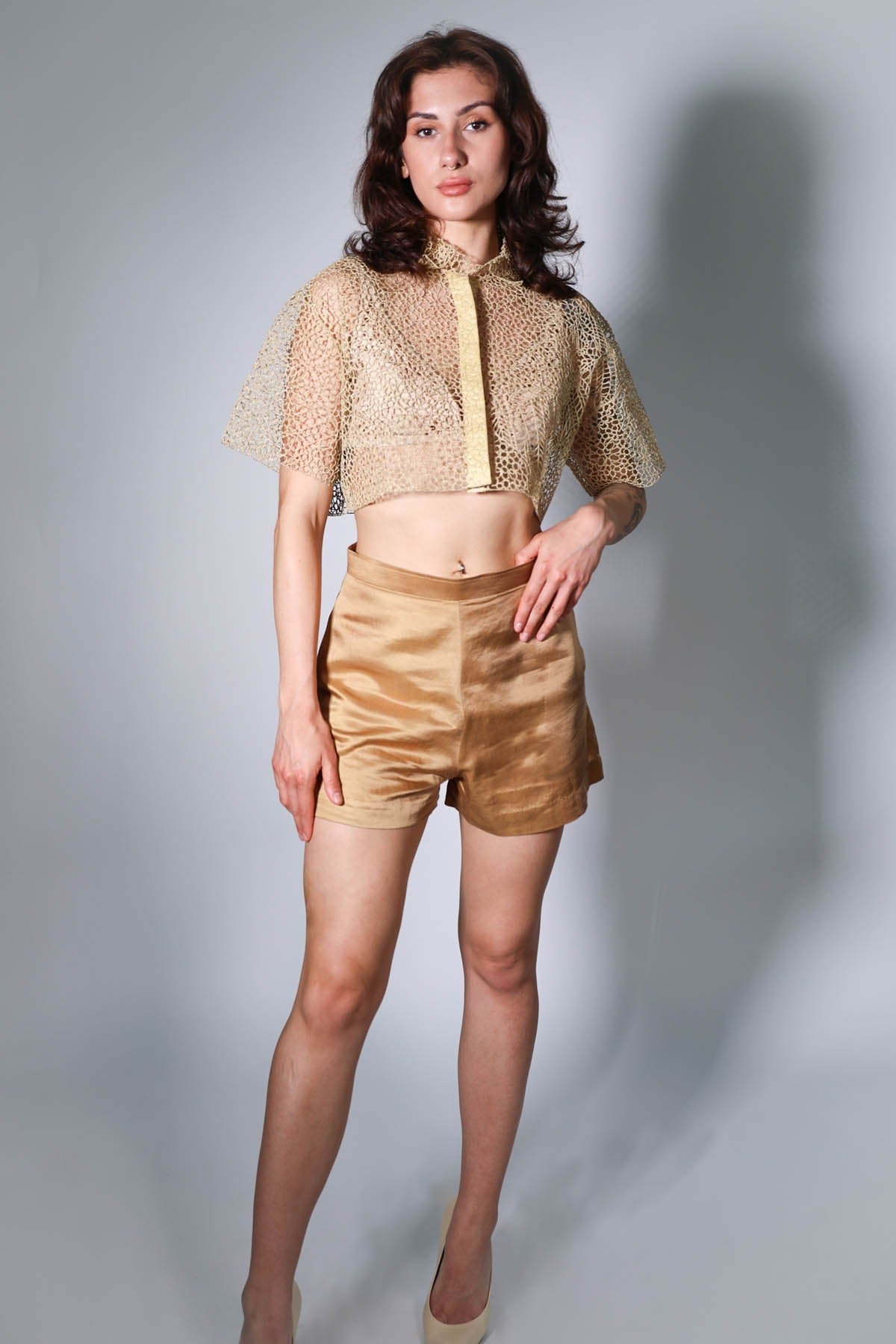 Arya Giri Beige Zari Crop Top & Shorts for women online at ScrollnShops