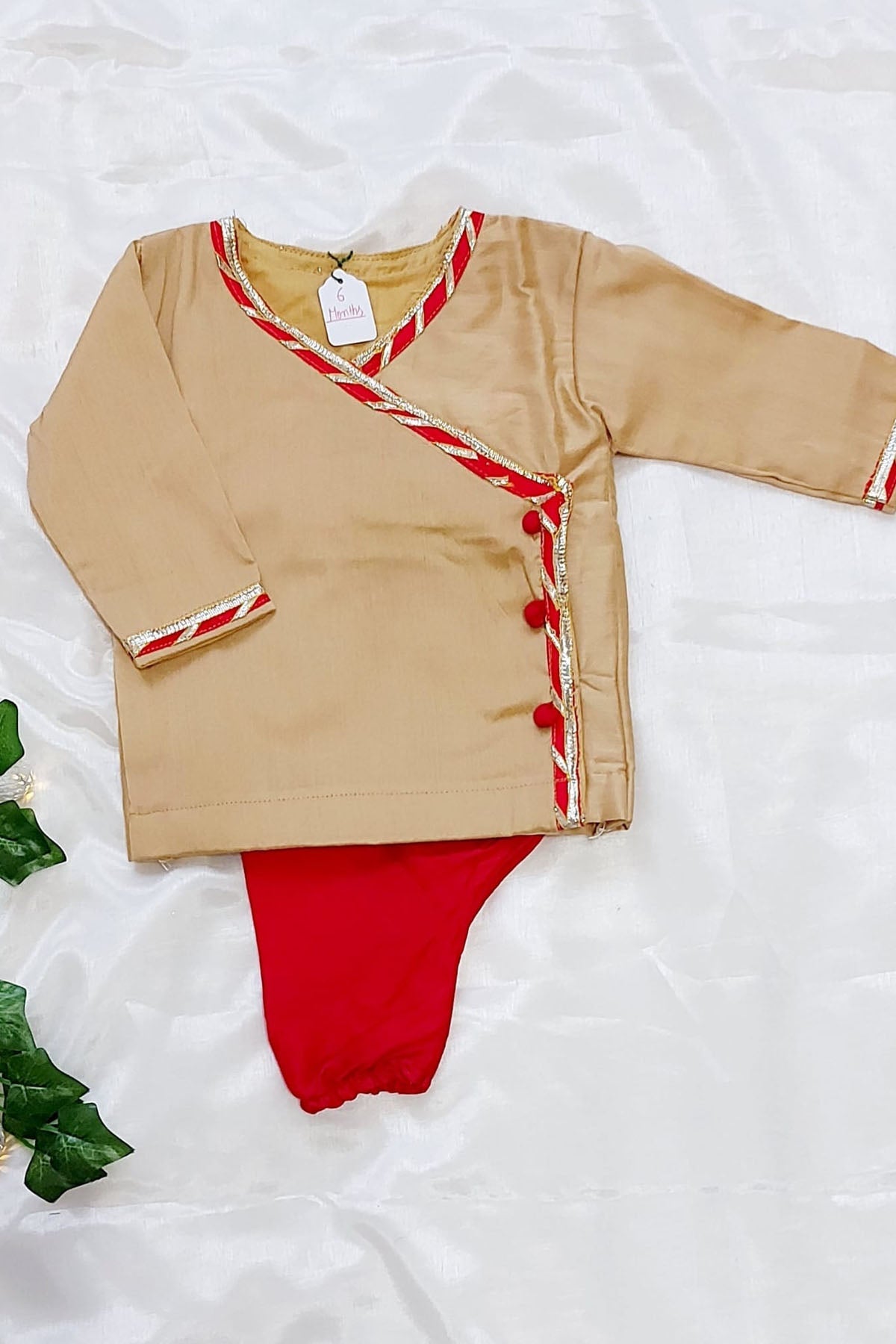 Designer ViYa Beige & Red Cotton Angrakha Set For Kids Available online at ScrollnShops