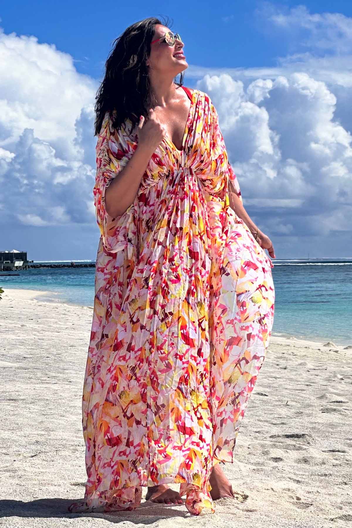 Buy Yellow Geometric Pattern Kaftan by Mandira Wirk