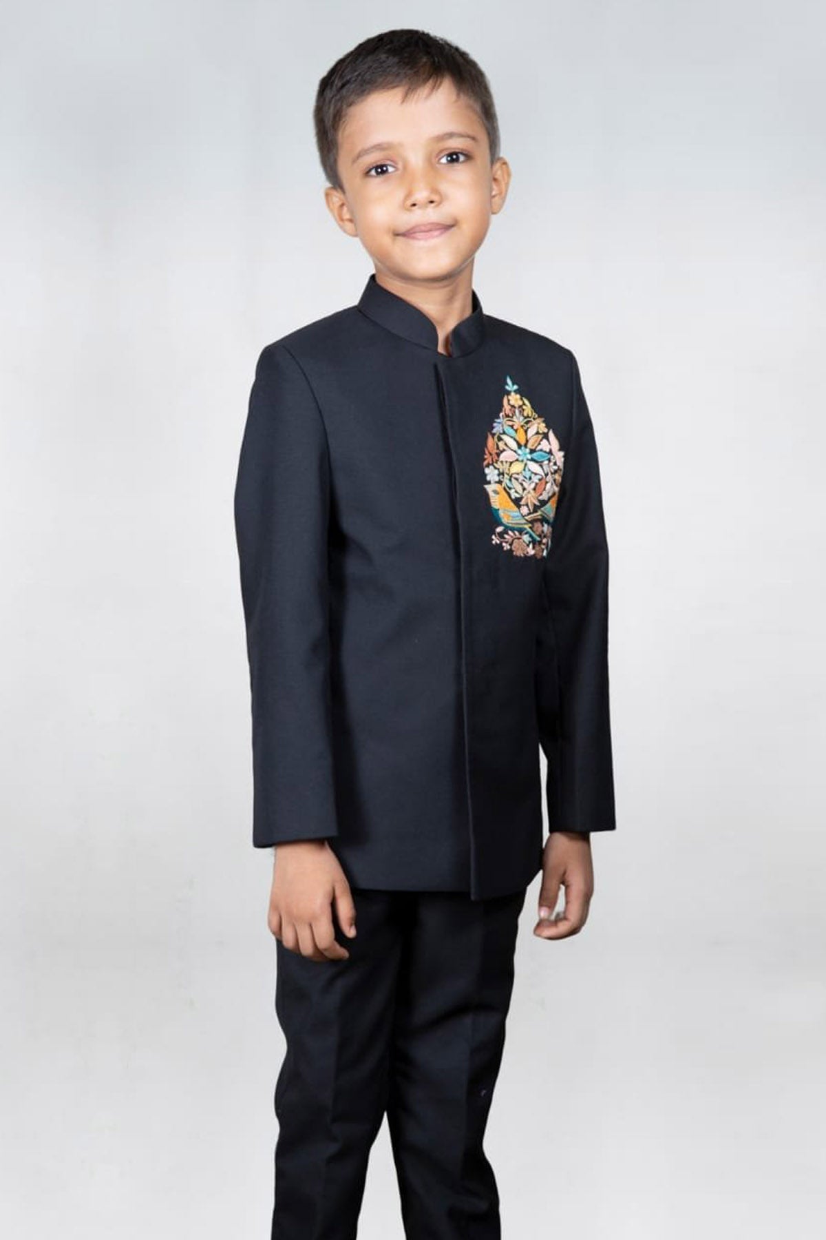 Bird Embroidered Black Suit