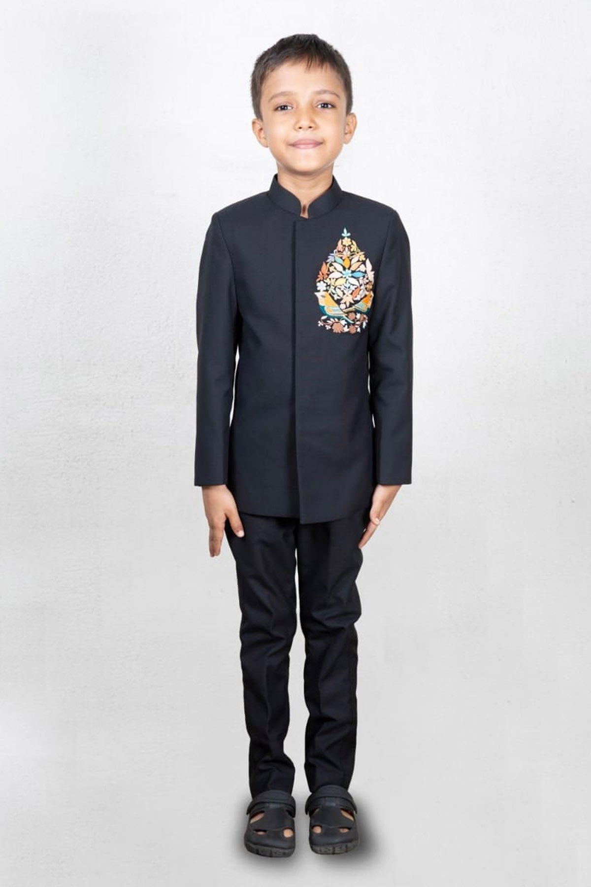Designer Little Brats Bird Embroidered Black Suit For Kids Available online at ScrollnShops