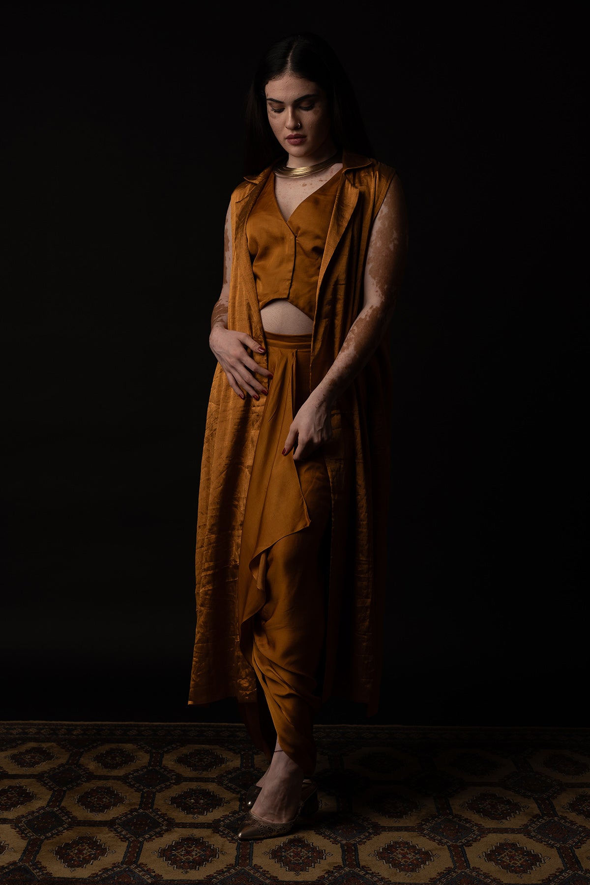 Bird Embroidered Gold Skirt Set