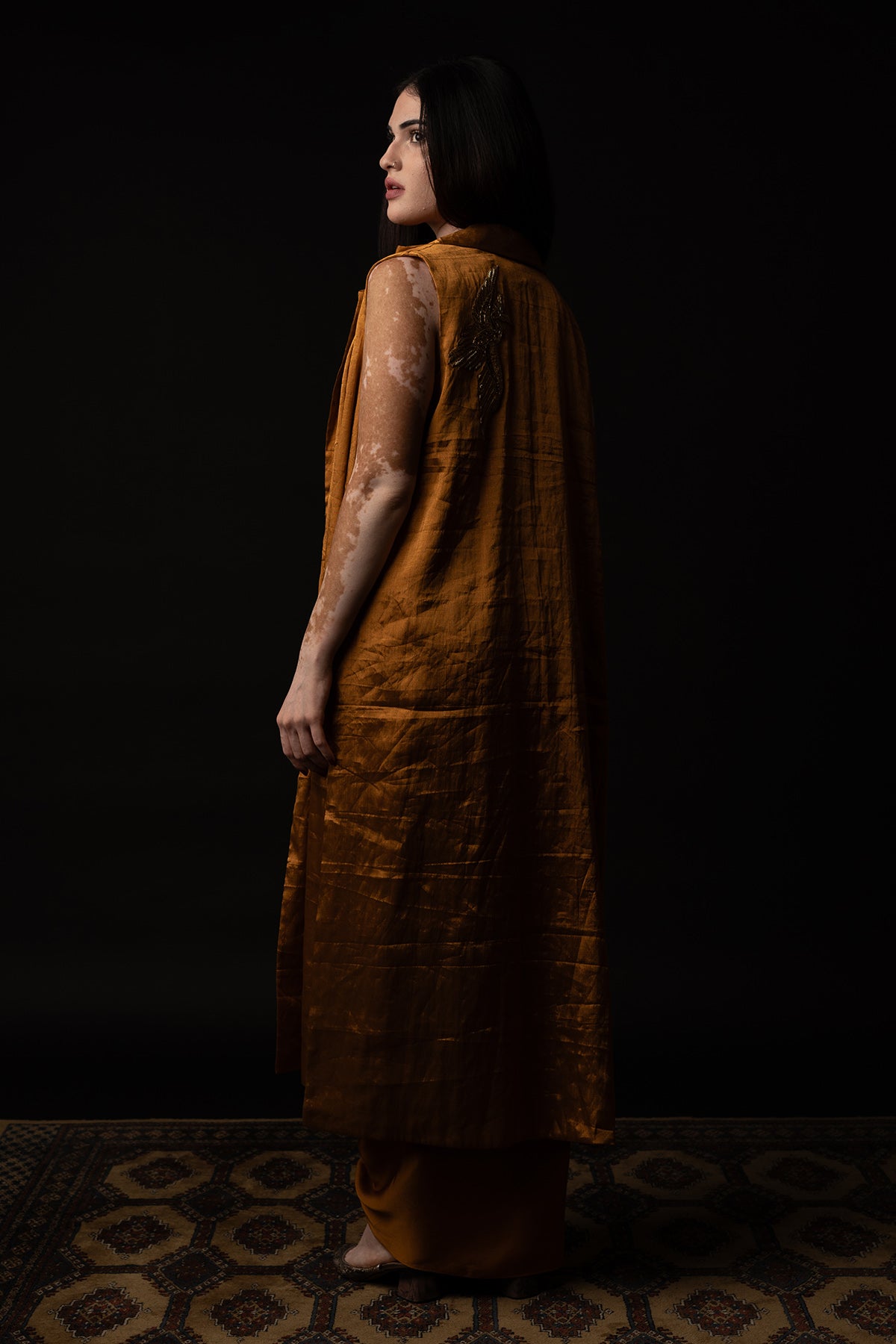 Bird Embroidered Gold Skirt Set