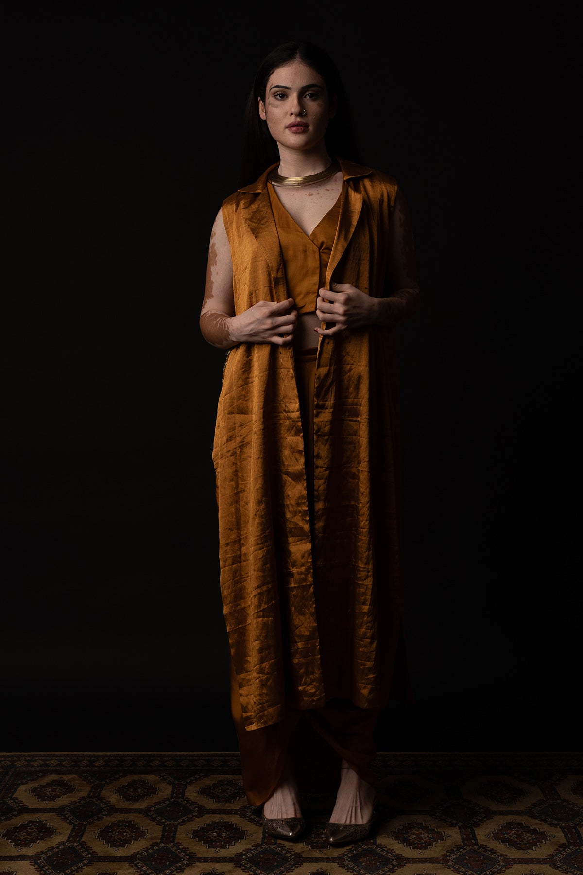 Bird Embroidered Gold Skirt Set