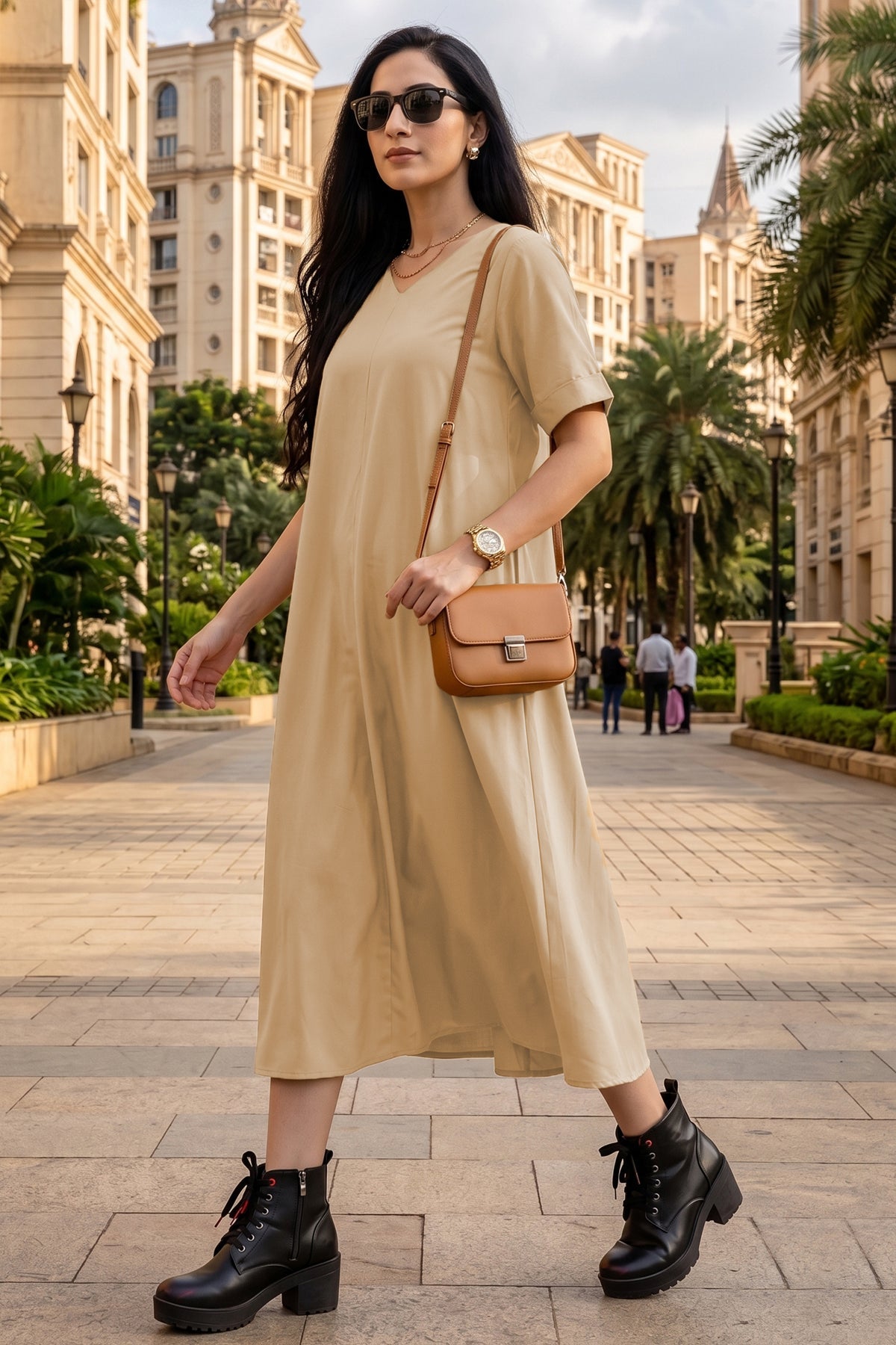 Buy Biscuit V Neck Flare Midi Dress for women by Sneha B online available at scrollnshops