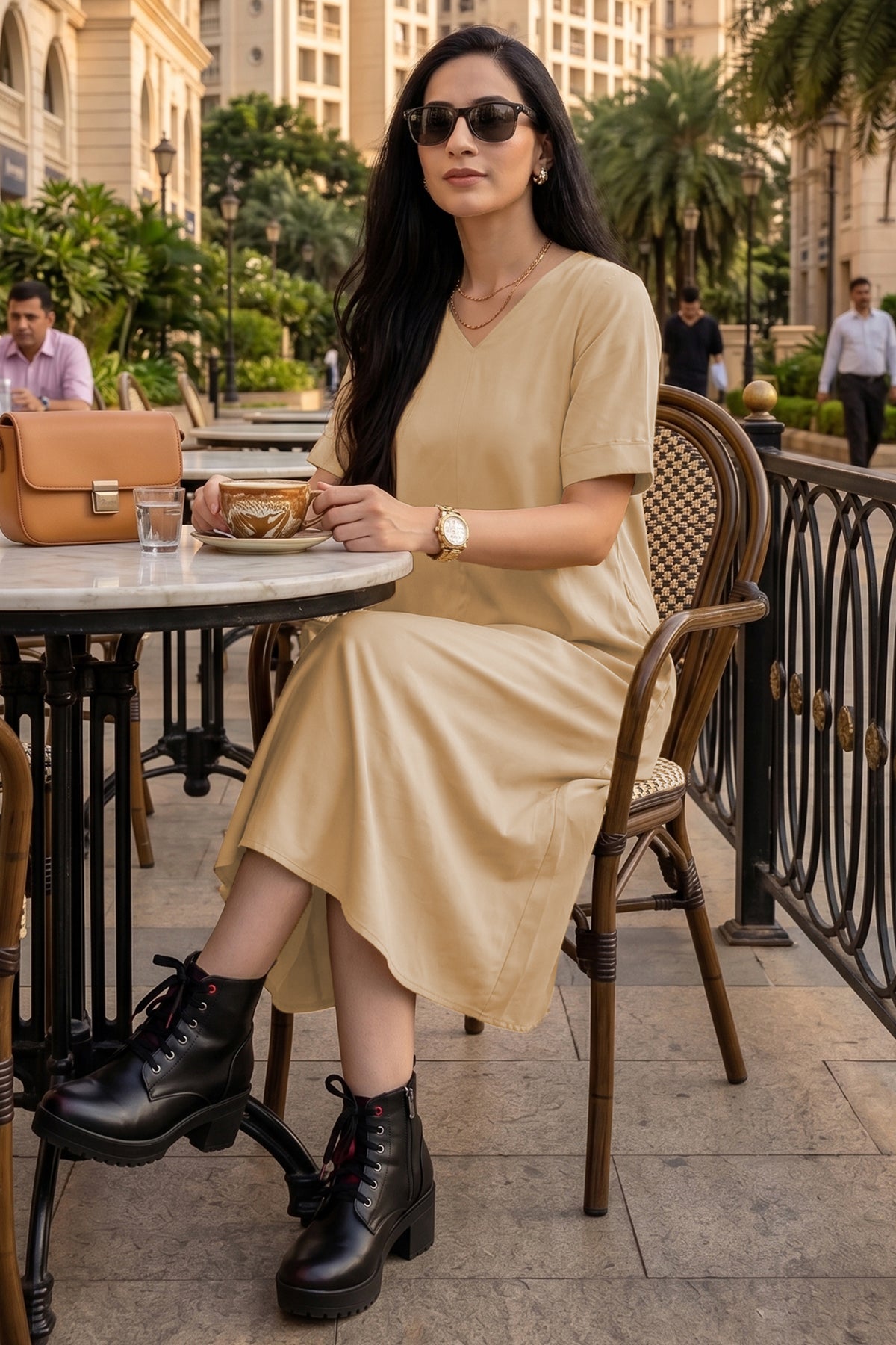 Biscuit V Neck Flare Midi Dress