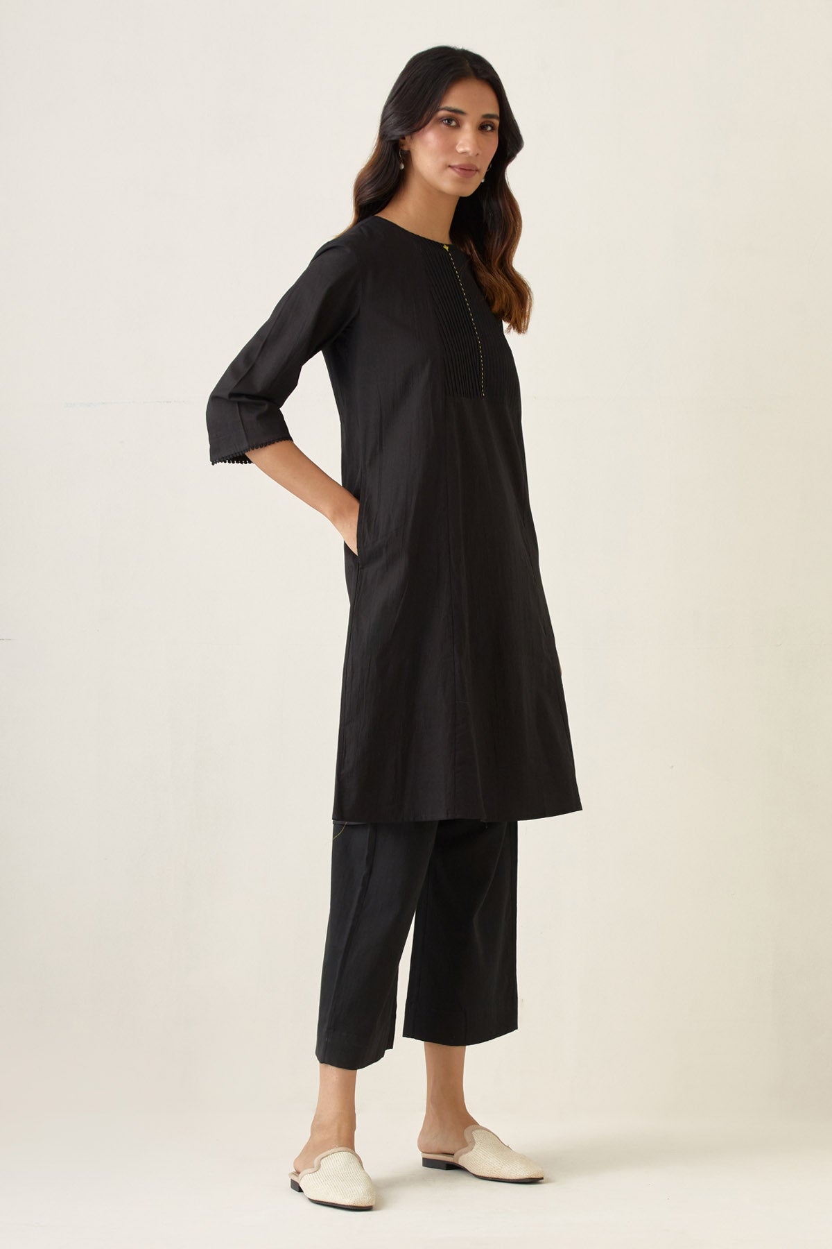 Black A-line Pintuck Kurta Set