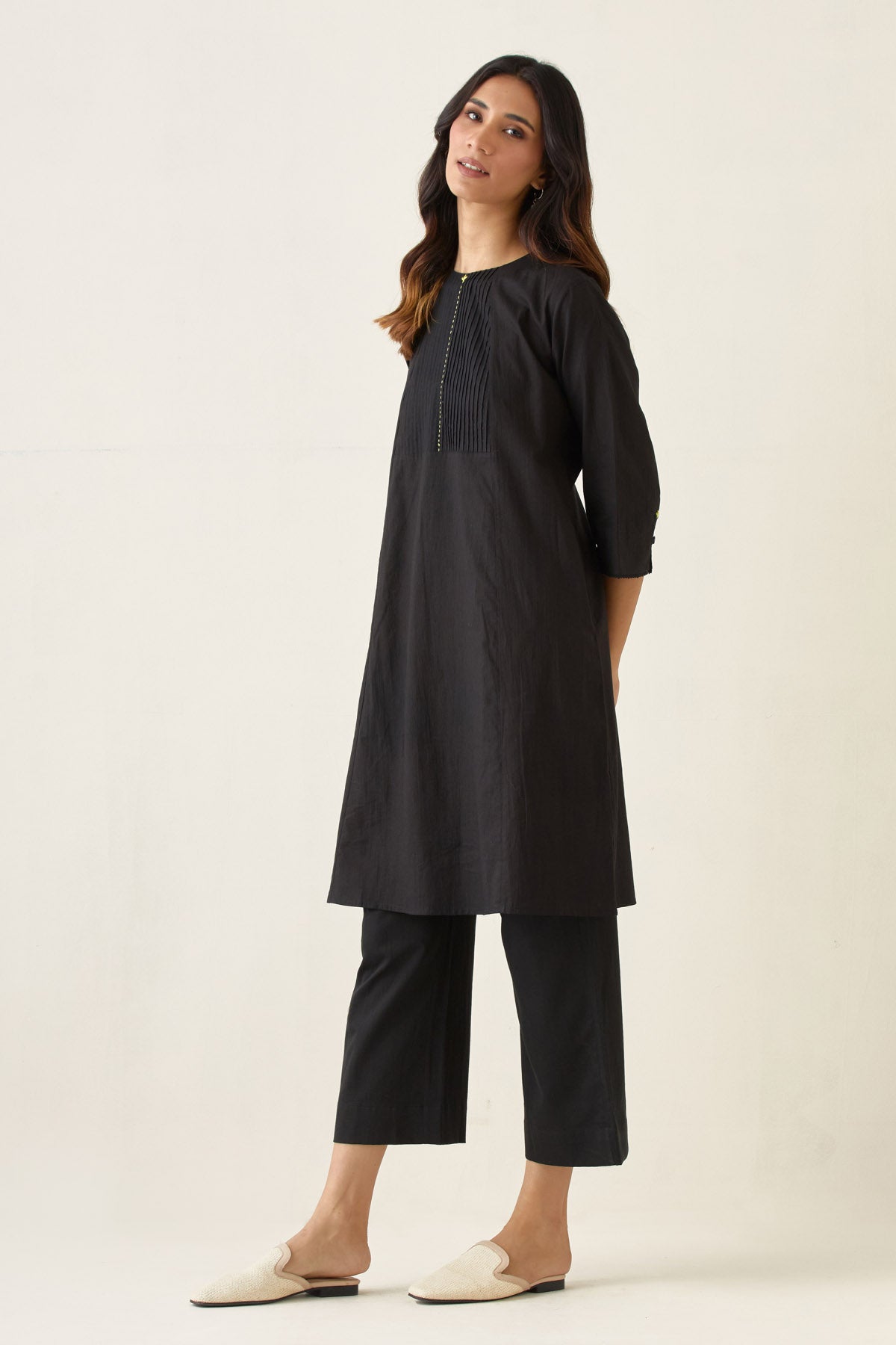 Black A-line Pintuck Kurta Set