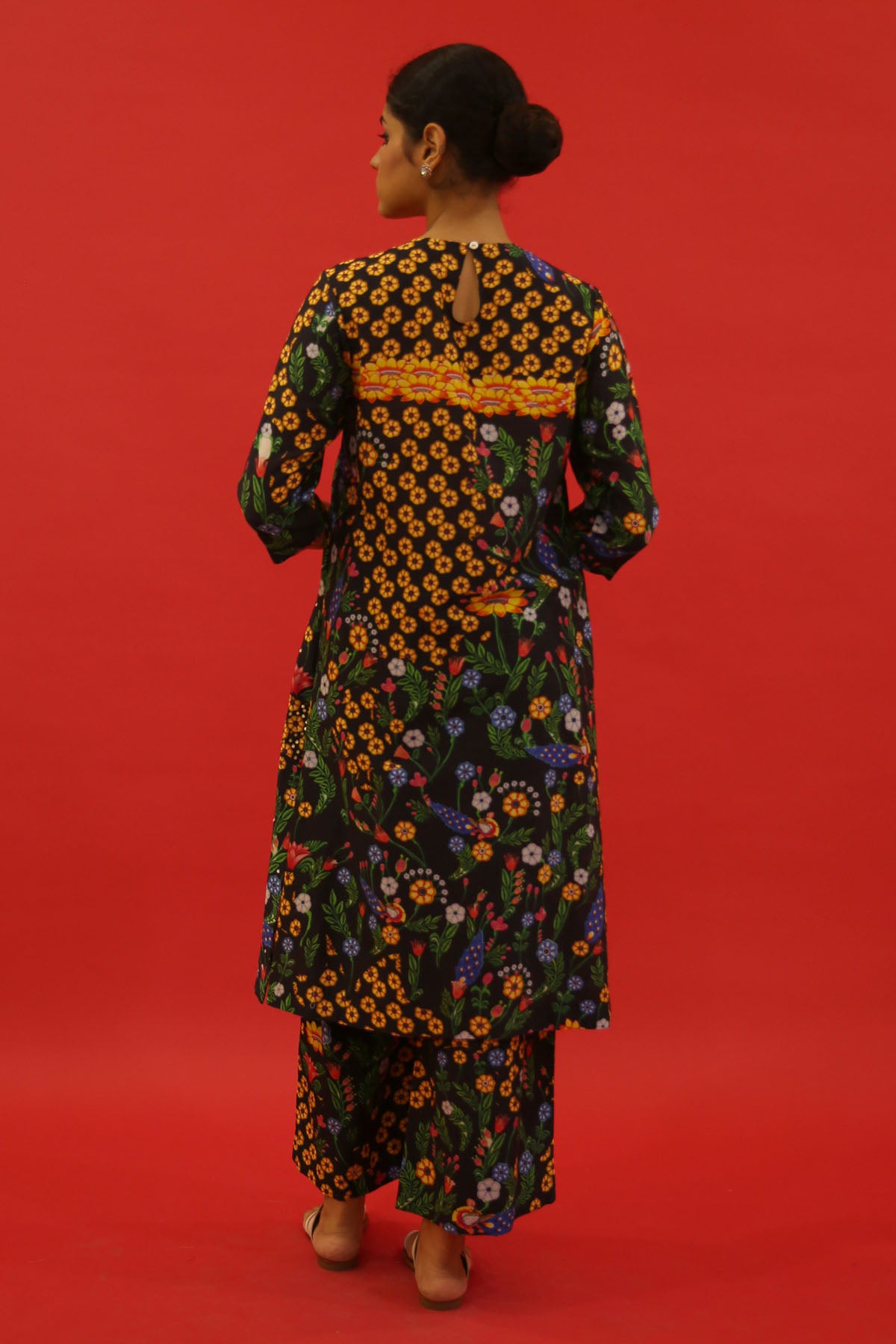 Black Chanderi Floral Print Kurta