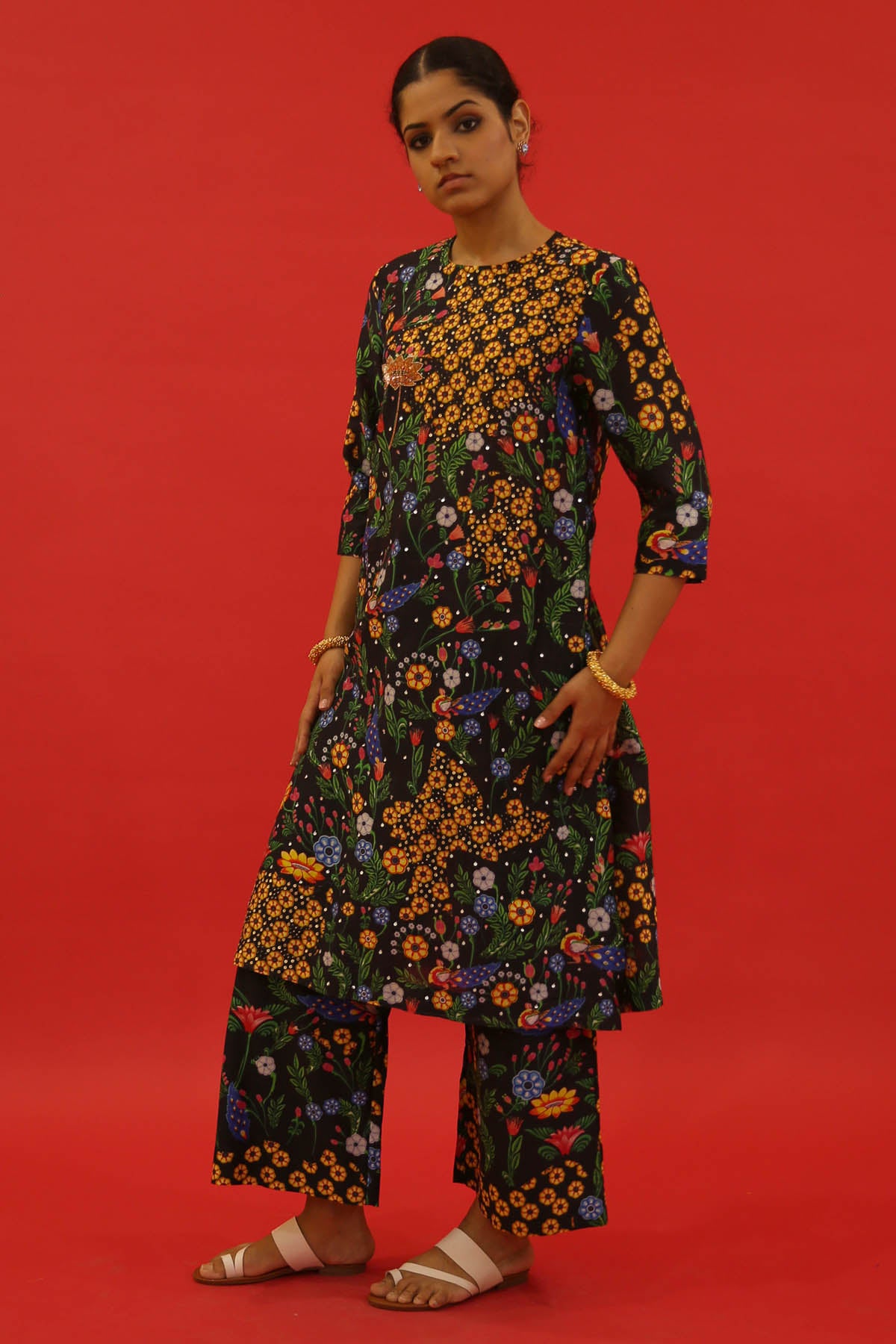 Black Chanderi Floral Print Kurta