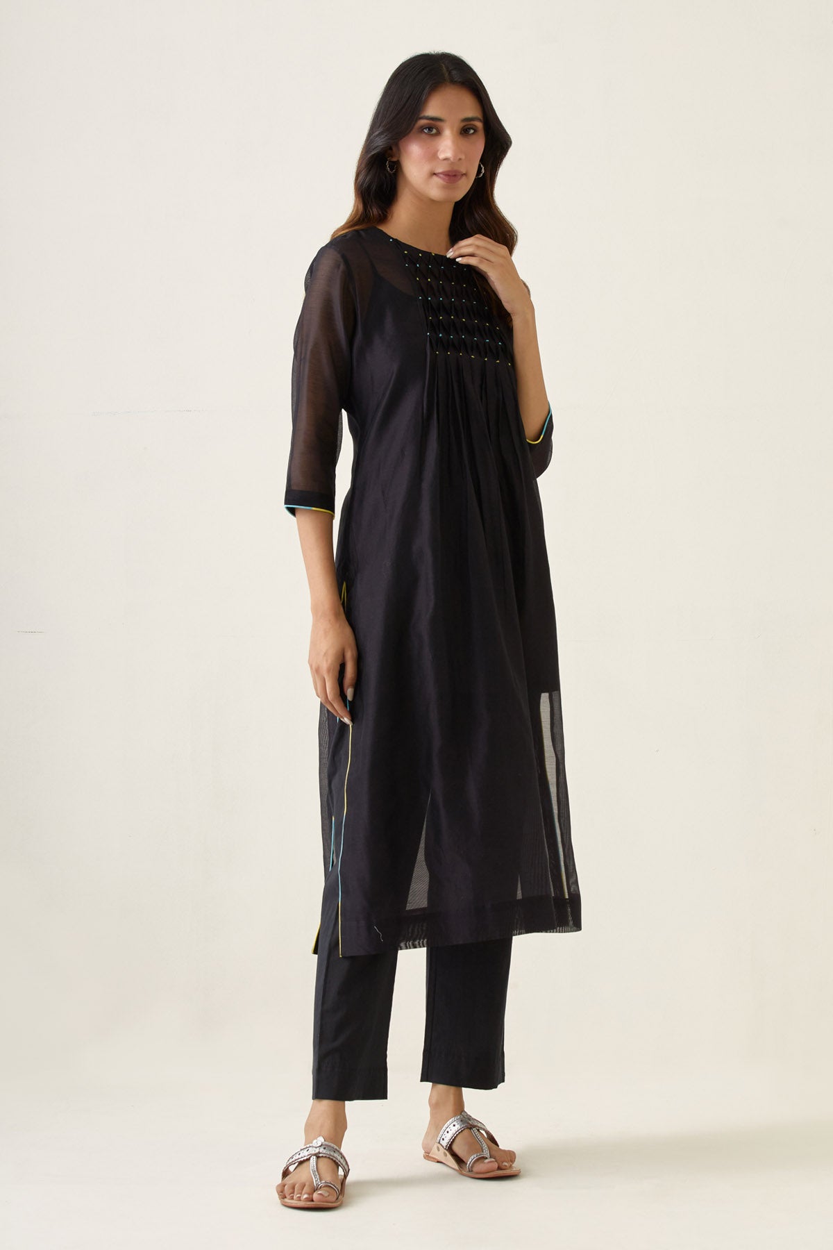 Black Smocked Yoke Kurta Set