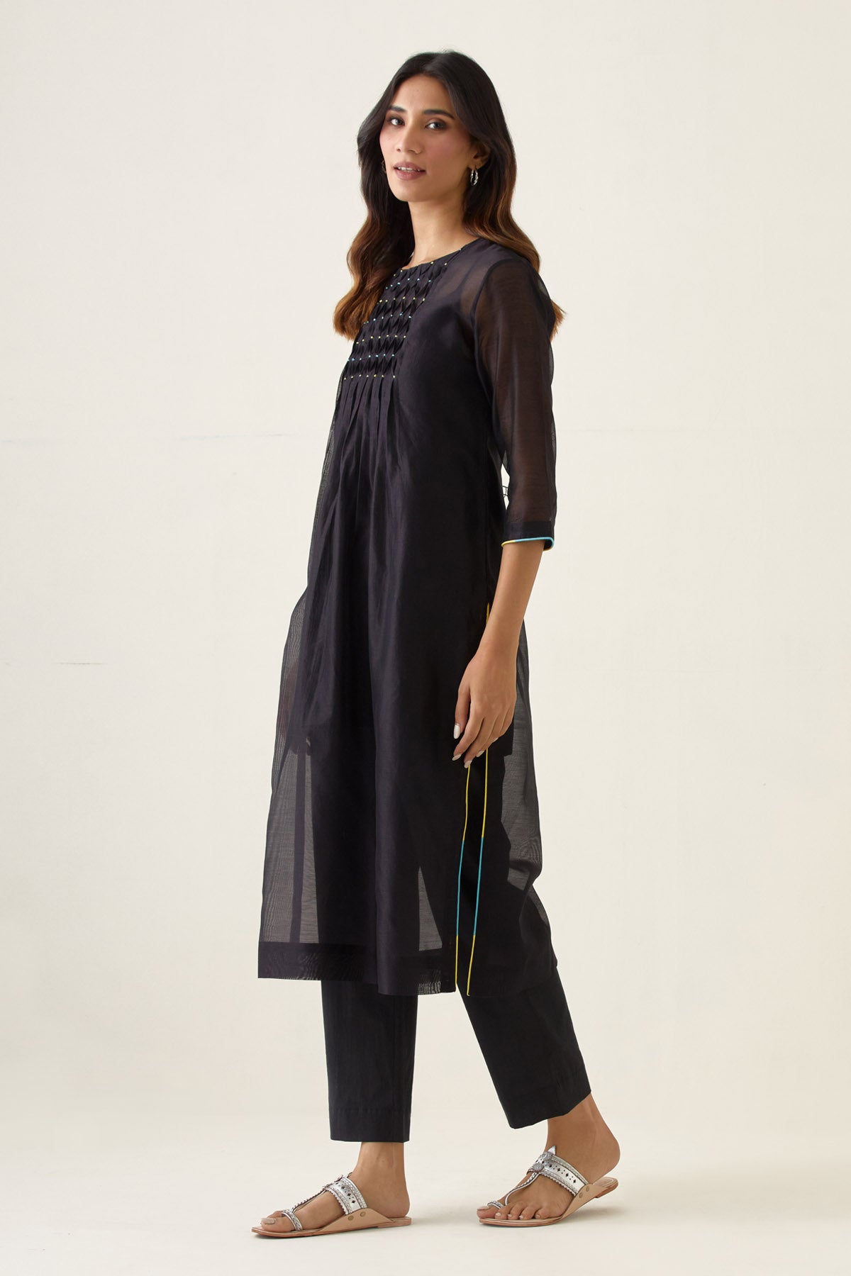 Black Smocked Yoke Kurta Set