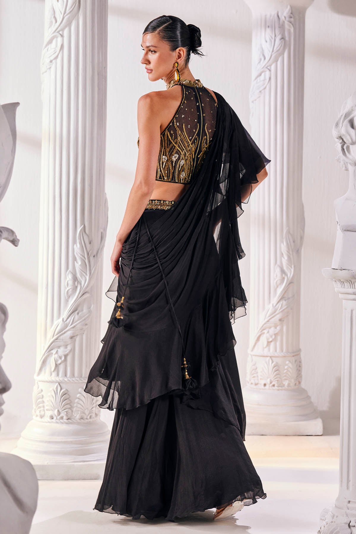Black Chiffon Pre-Drape Saree