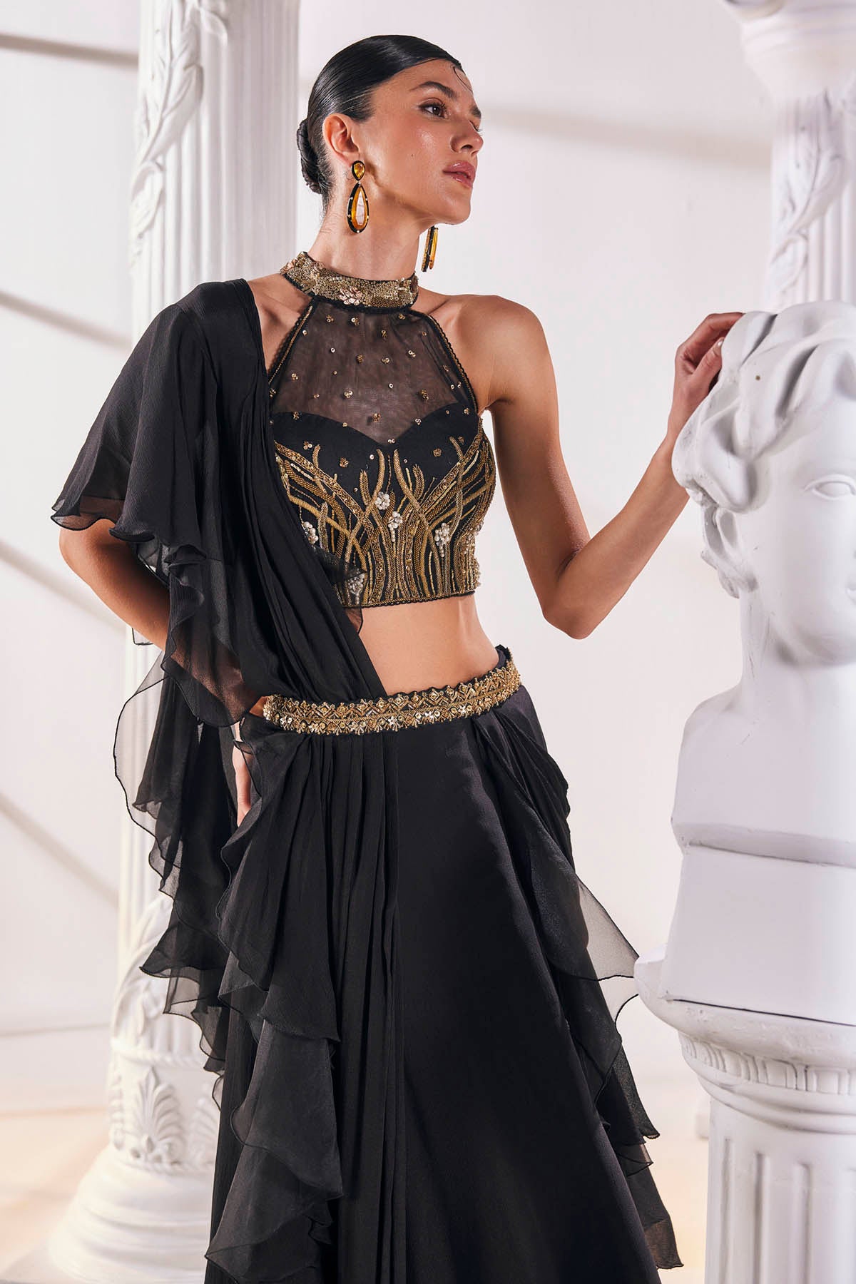 Black Chiffon Pre-Drape Saree