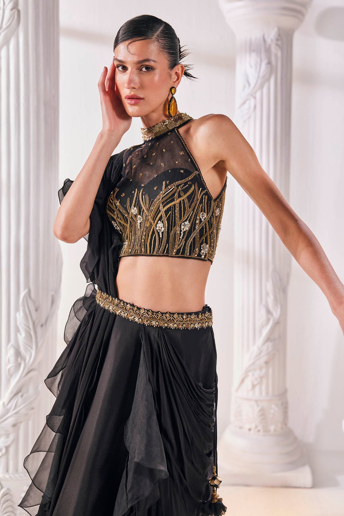 Black Chiffon Pre-Drape Saree