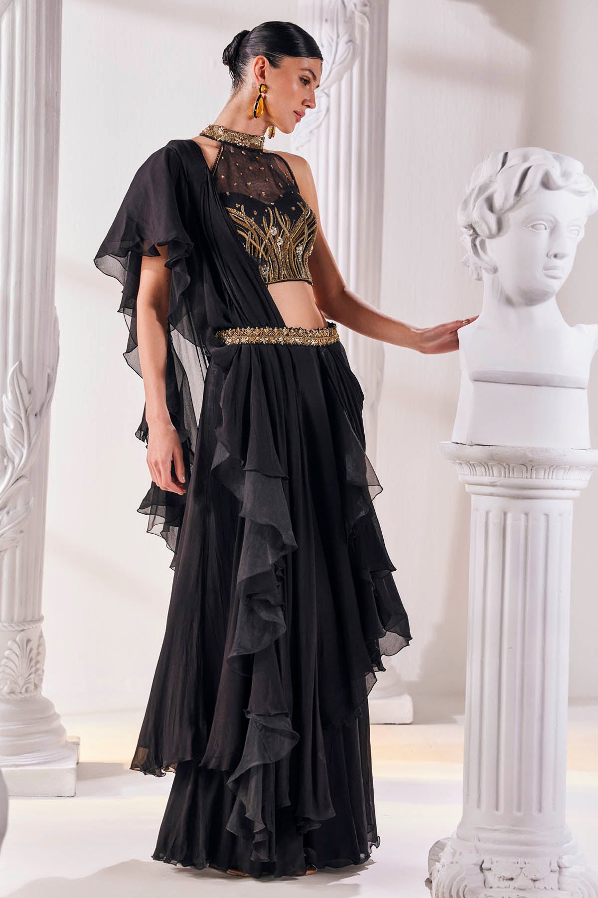 Black Chiffon Pre-Drape Saree