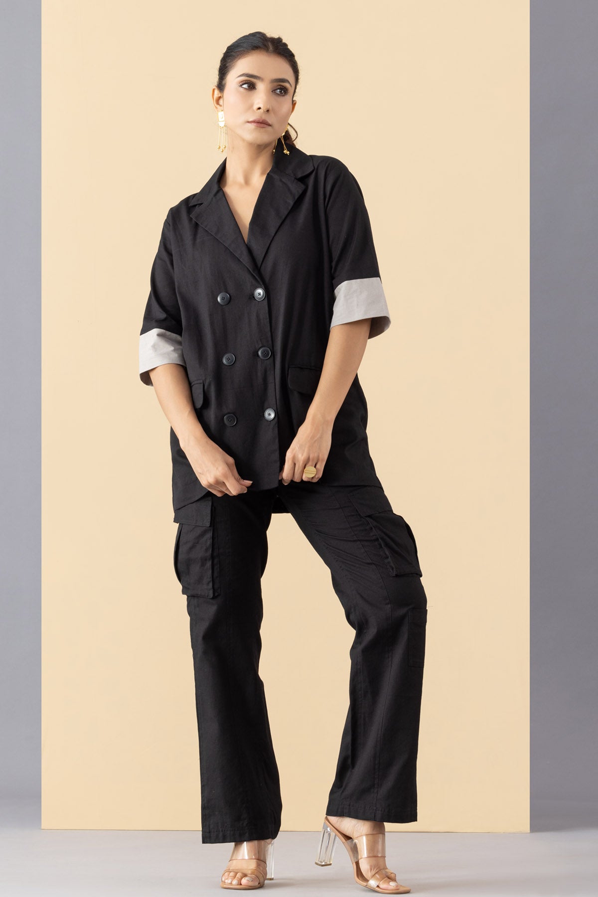 Black Cotton Blazer Set